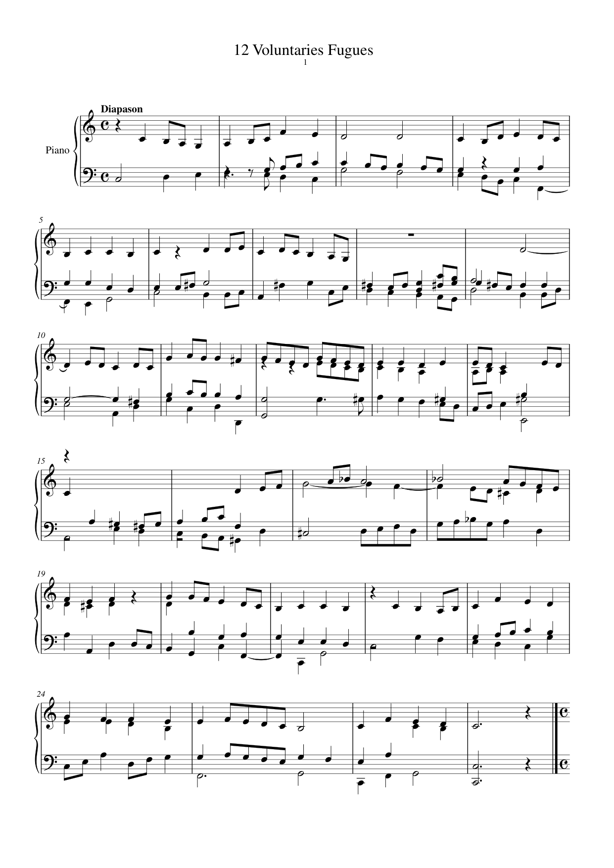 12 Fugues, Voluntary 1 Piano Sheet Music Page 1 Free PDF