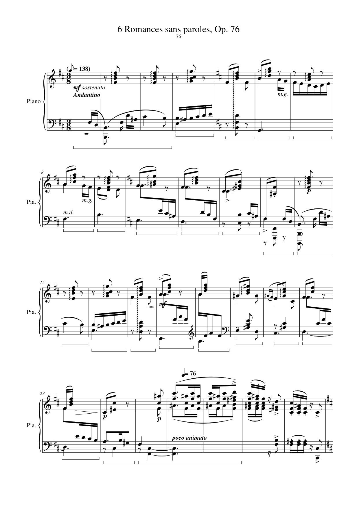 6 Romances sans paroles, Op. 76 Piano Sheet Music Page 1 Free PDF
