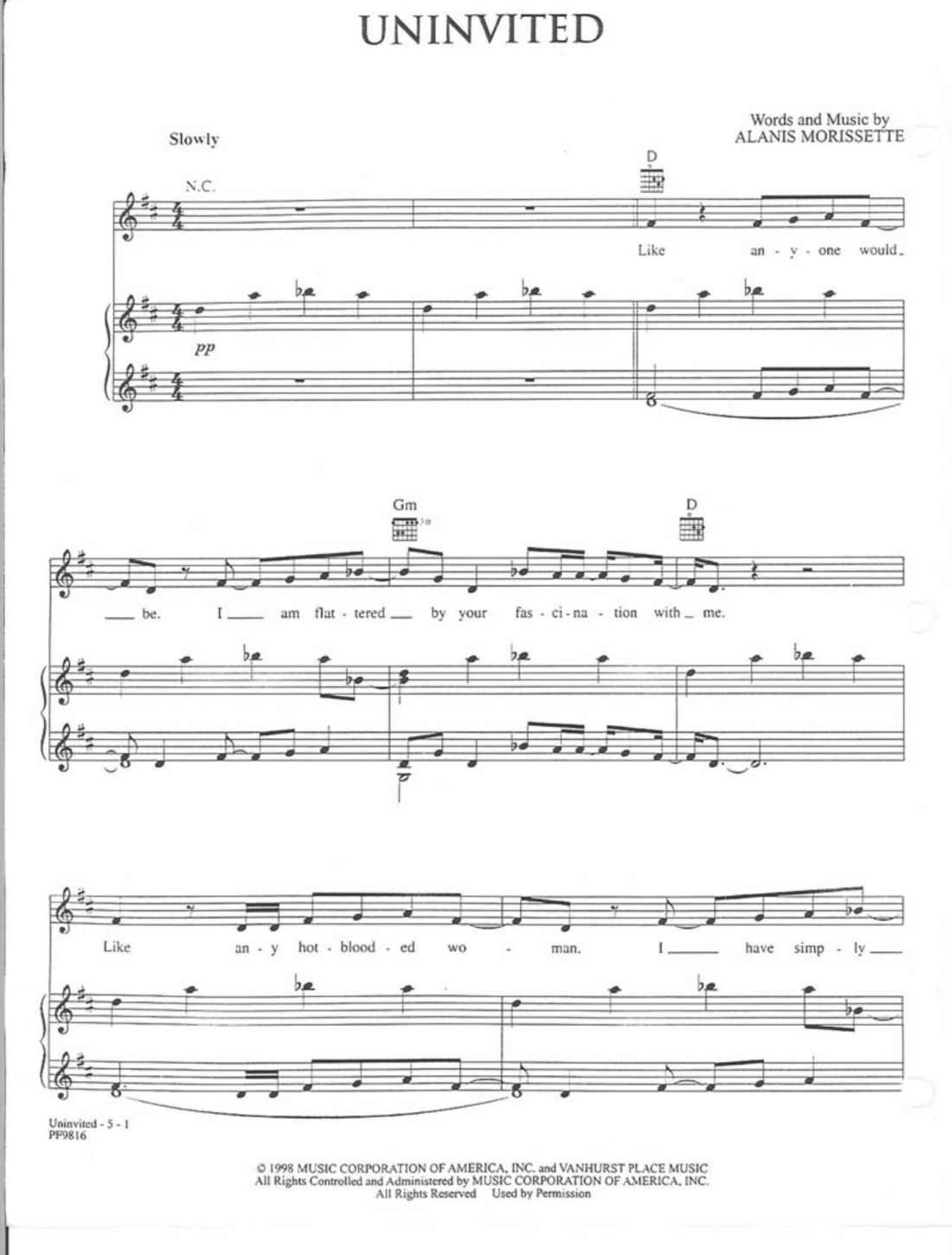 Uninvited Piano Sheet Music Page 1 Free PDF