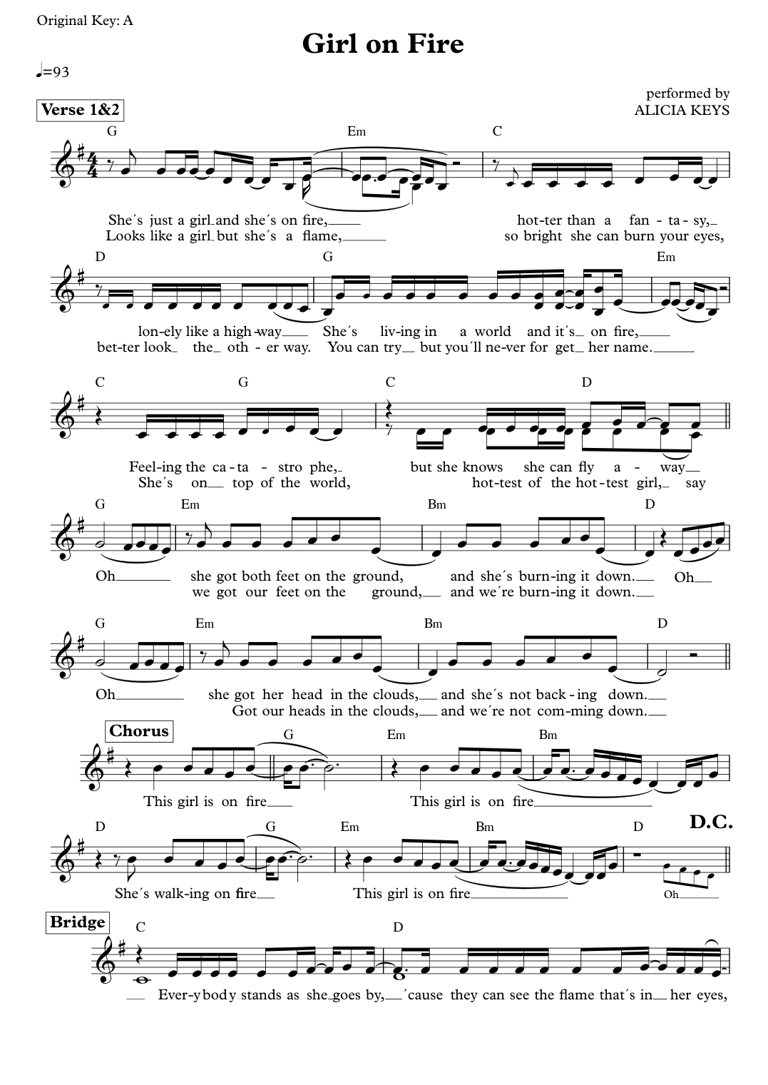 Girl on fire Piano Sheet Music Page 1 Free PDF