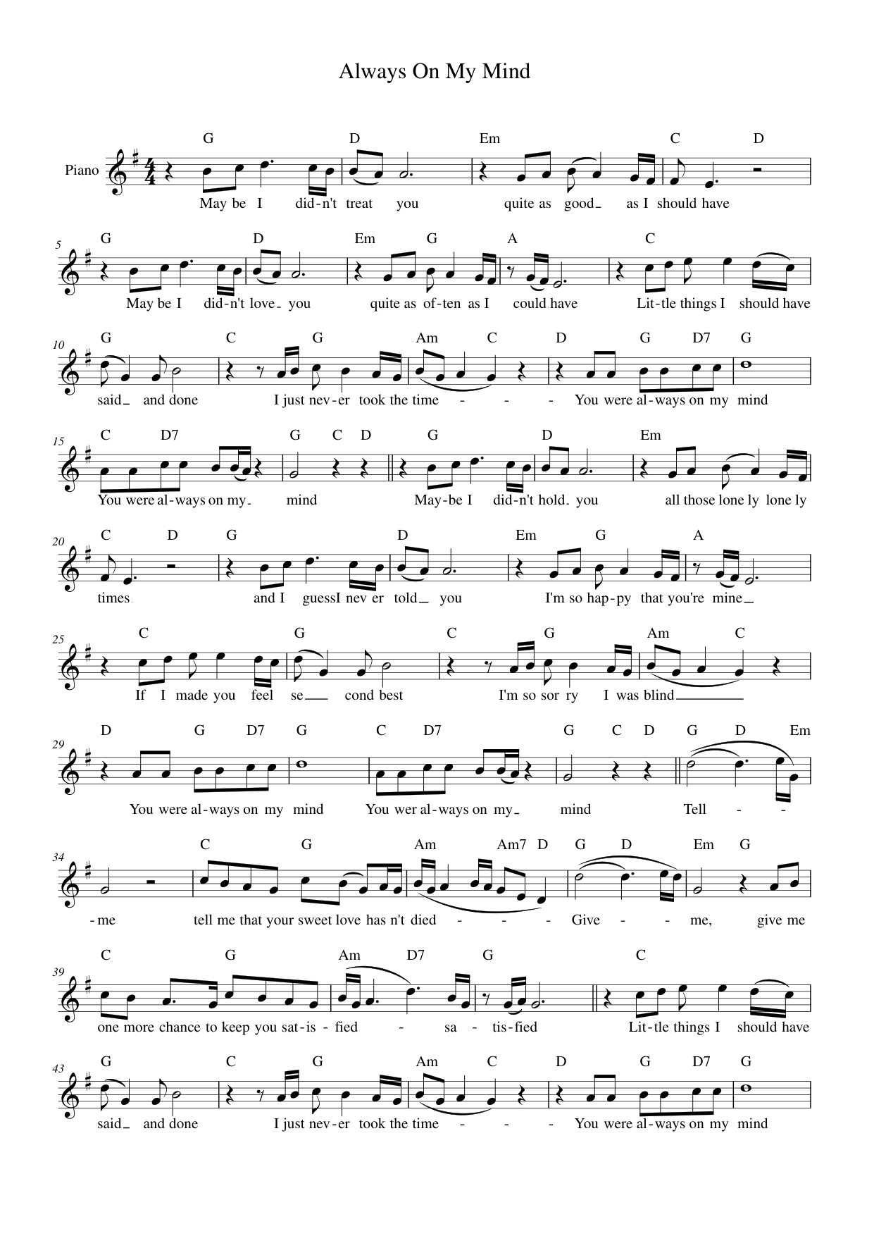Always On My Mind Piano Sheet Music Page 1 Free PDF