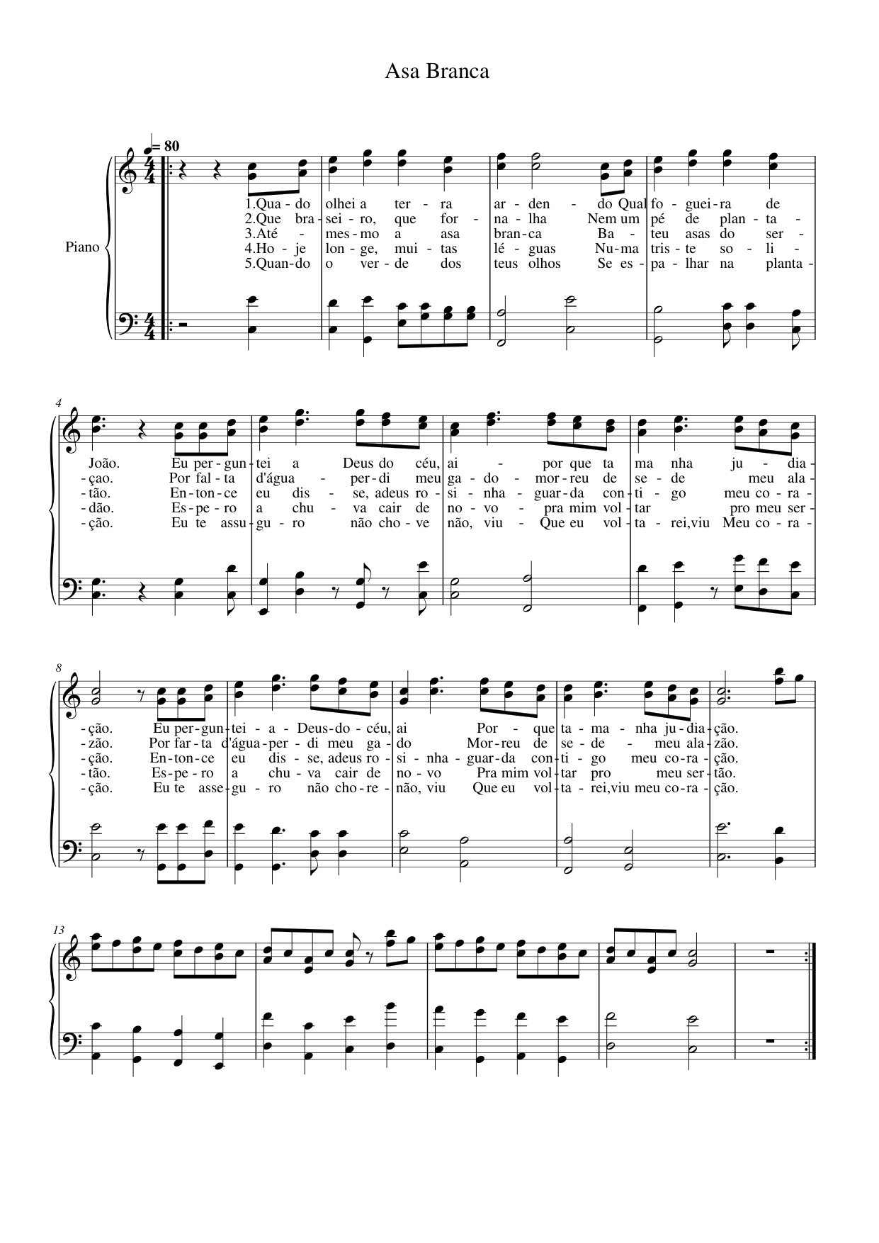 Asa Branca Piano Sheet Music Free PDF