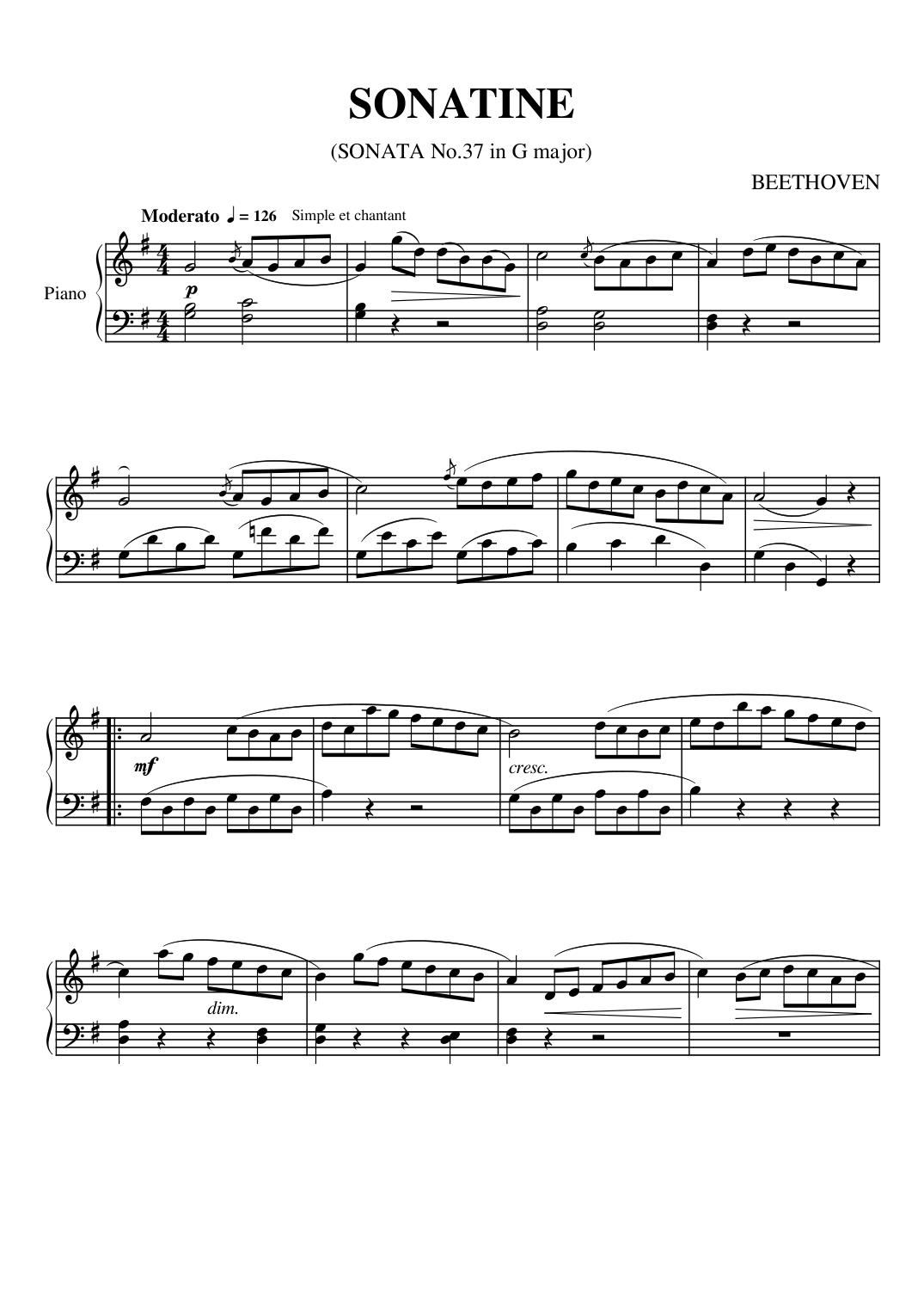 Sonatina in G Major Piano Sheet Music Page 1 Free PDF