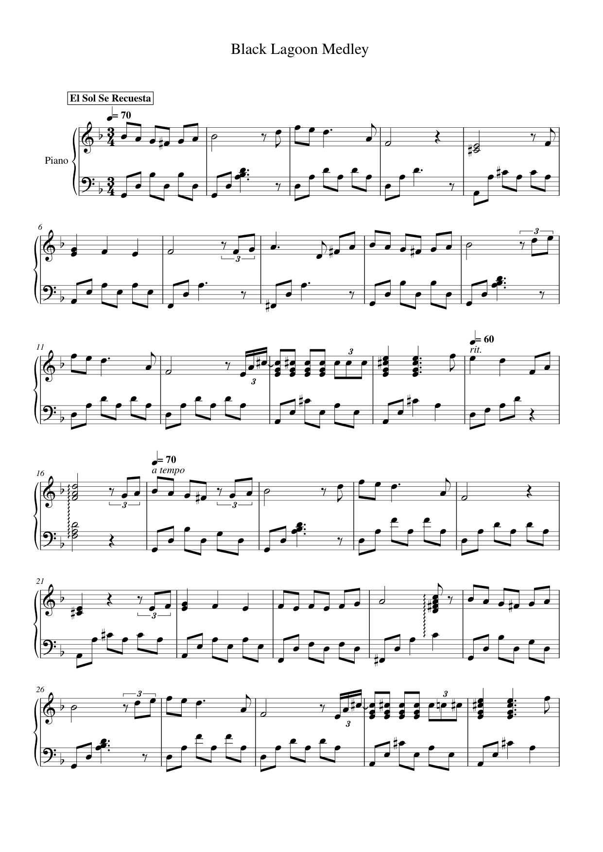 Black Lagoon Medley Piano Sheet Music Page 1 Free PDF