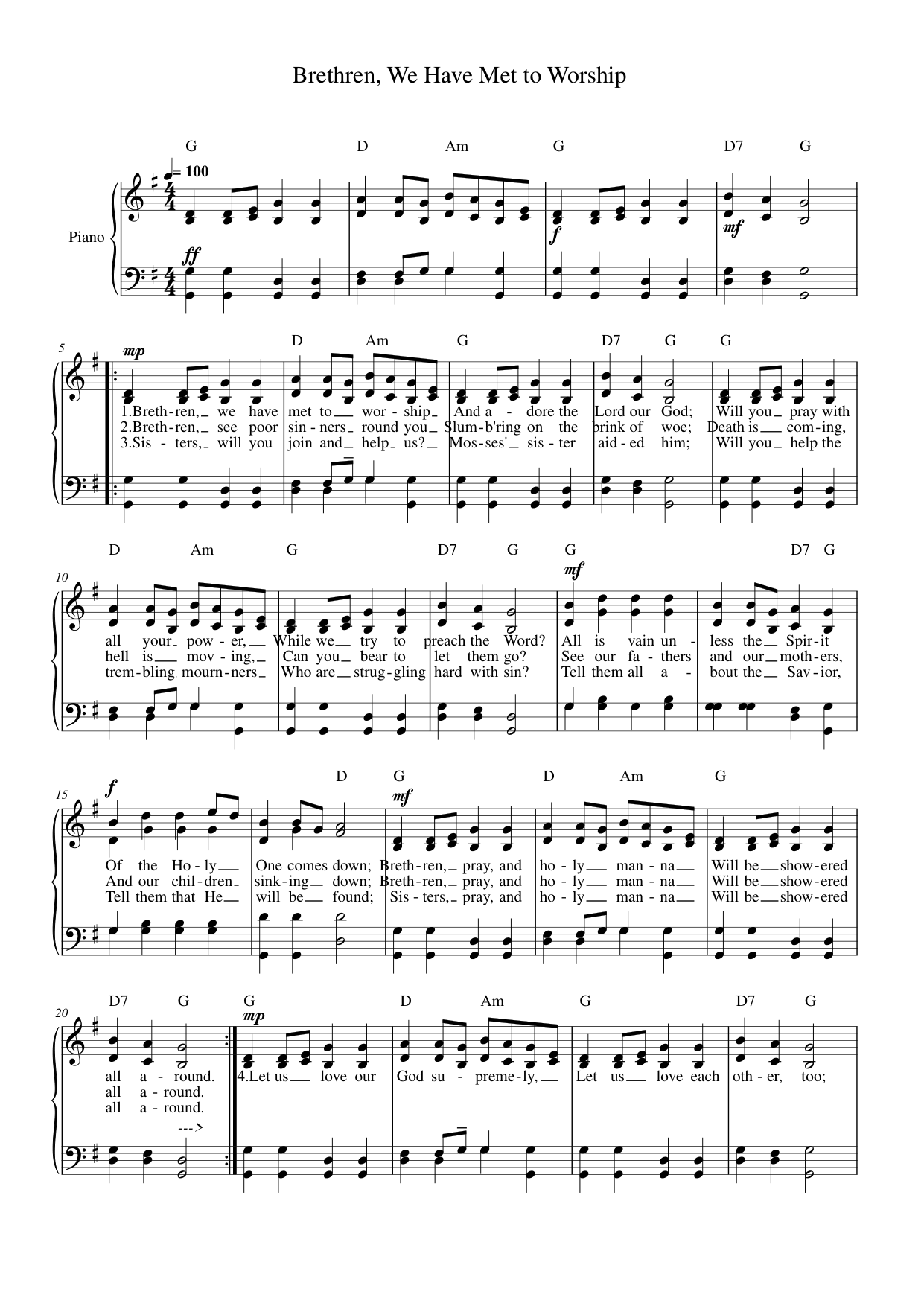Brethren, We Have Met to Worship Piano Sheet Music Page 1 Free PDF