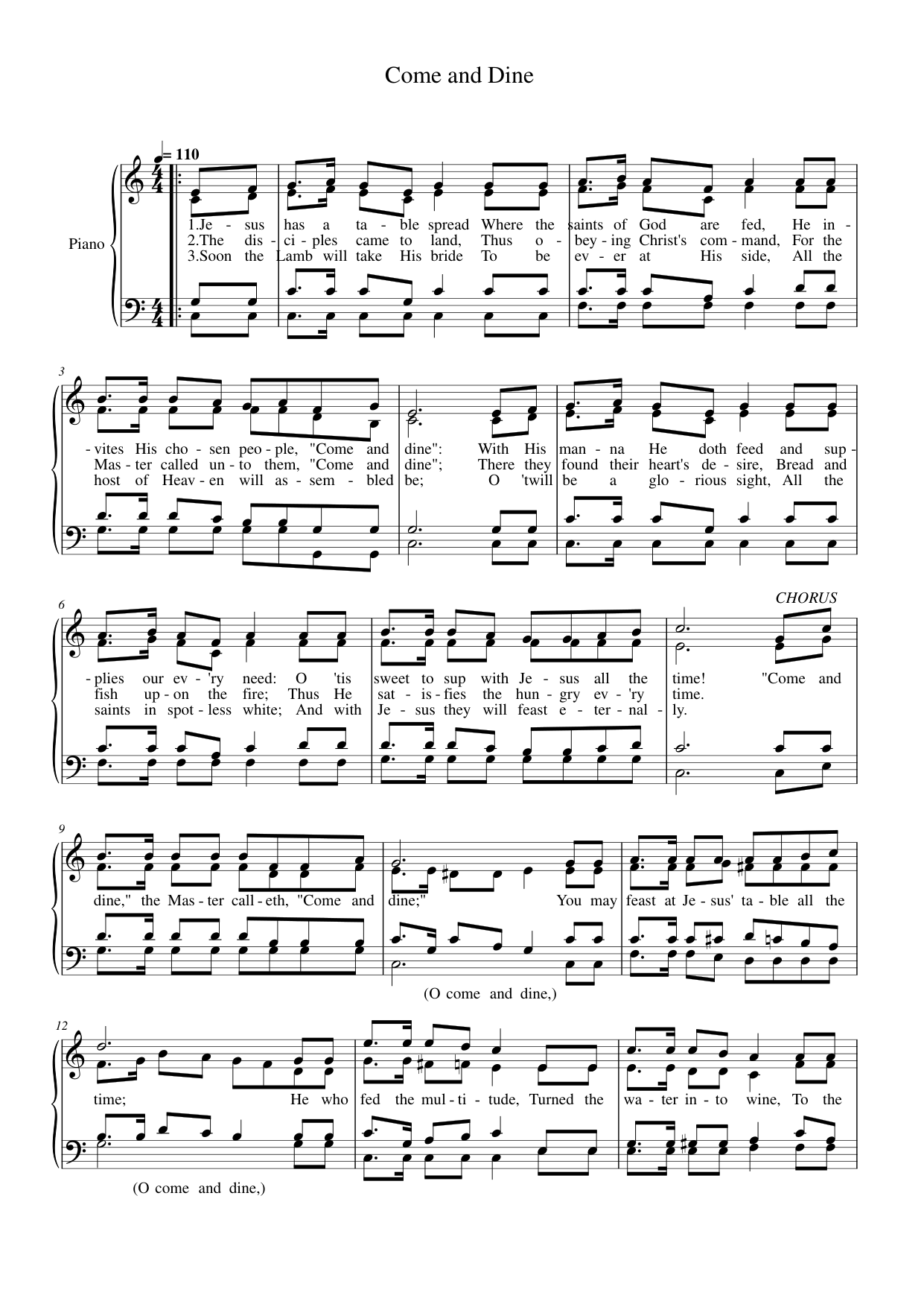 Come and Dine Piano Sheet Music Page 1 Free PDF