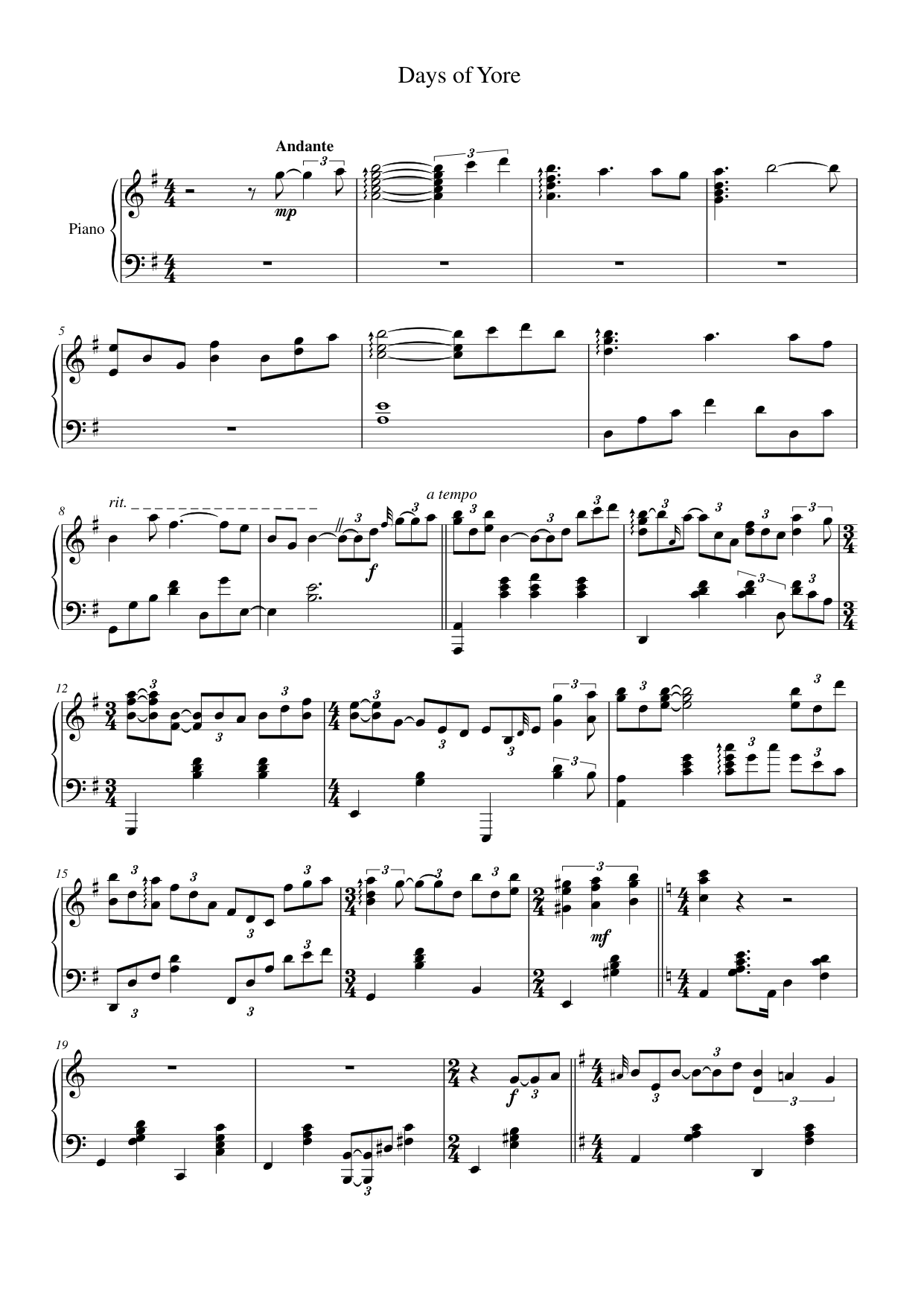 Days of Yore Piano Sheet Music Page 1 Free PDF