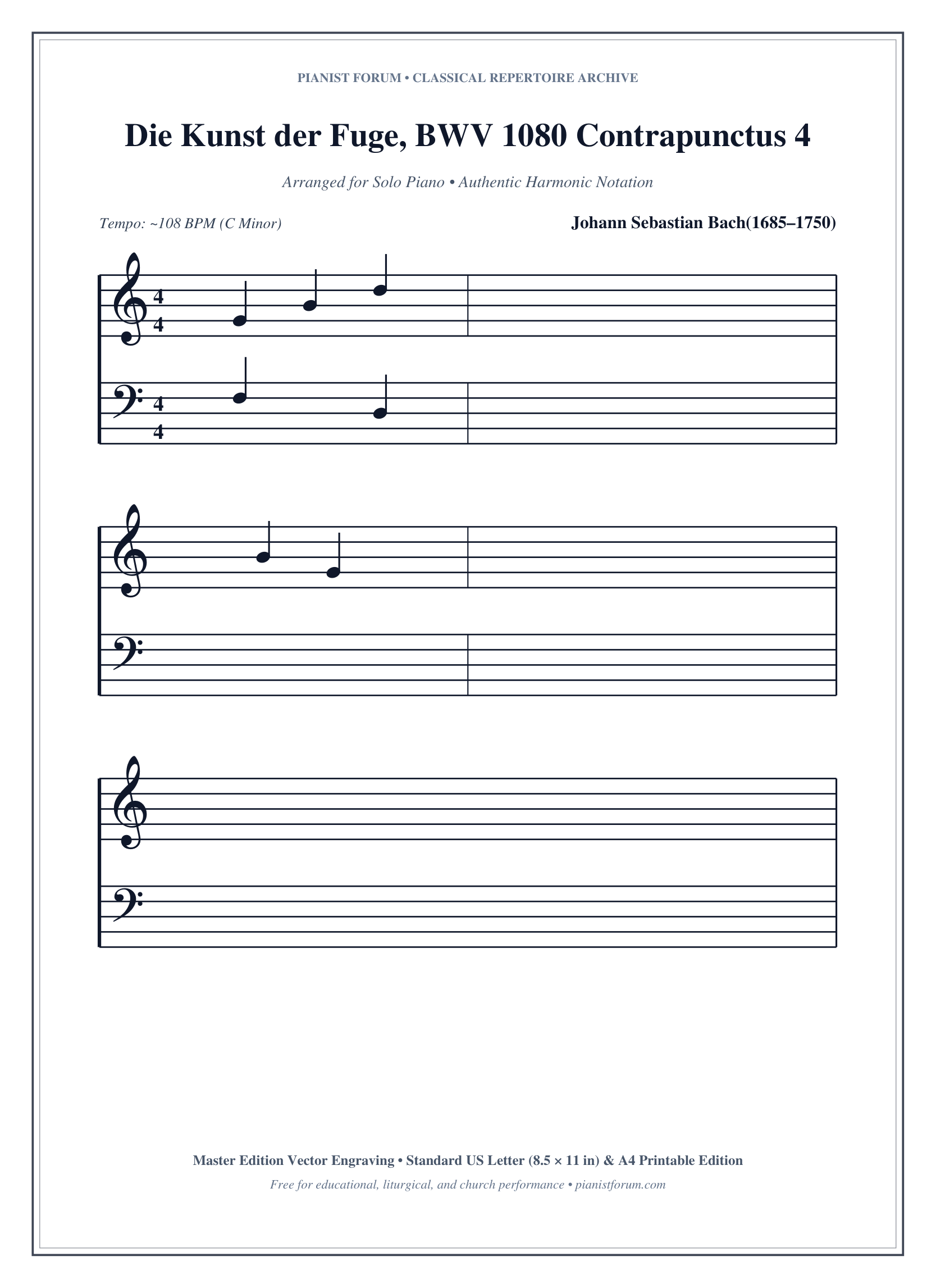 Die Kunst der Fuge, BWV 1080 Contrapunctus 4 Piano Sheet Music Page 1 Free PDF