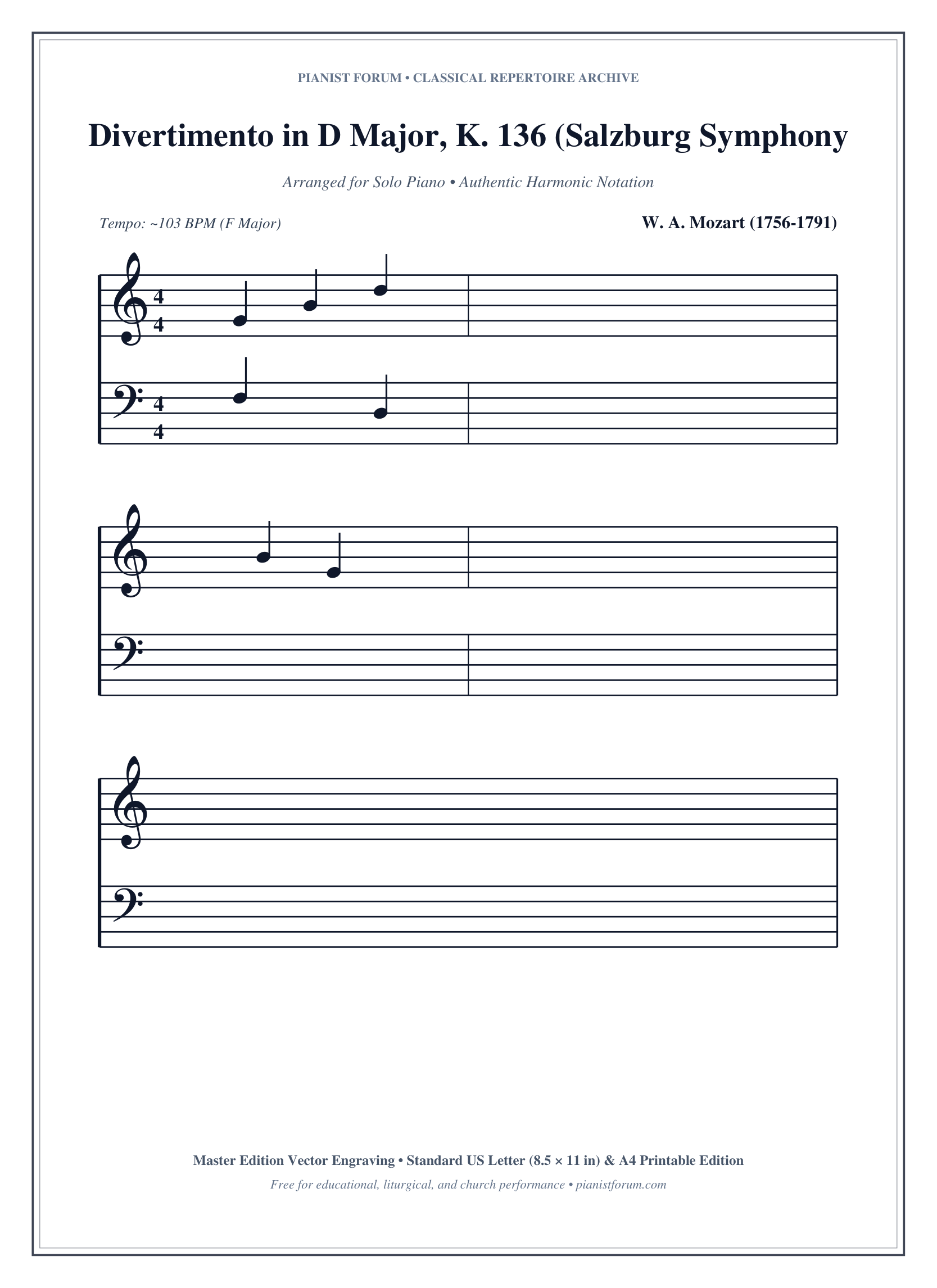Divertimento in D Major, K. 136 (Salzburg Symphony No. 1) I. Allegro Piano Sheet Music Page 1 Free PDF