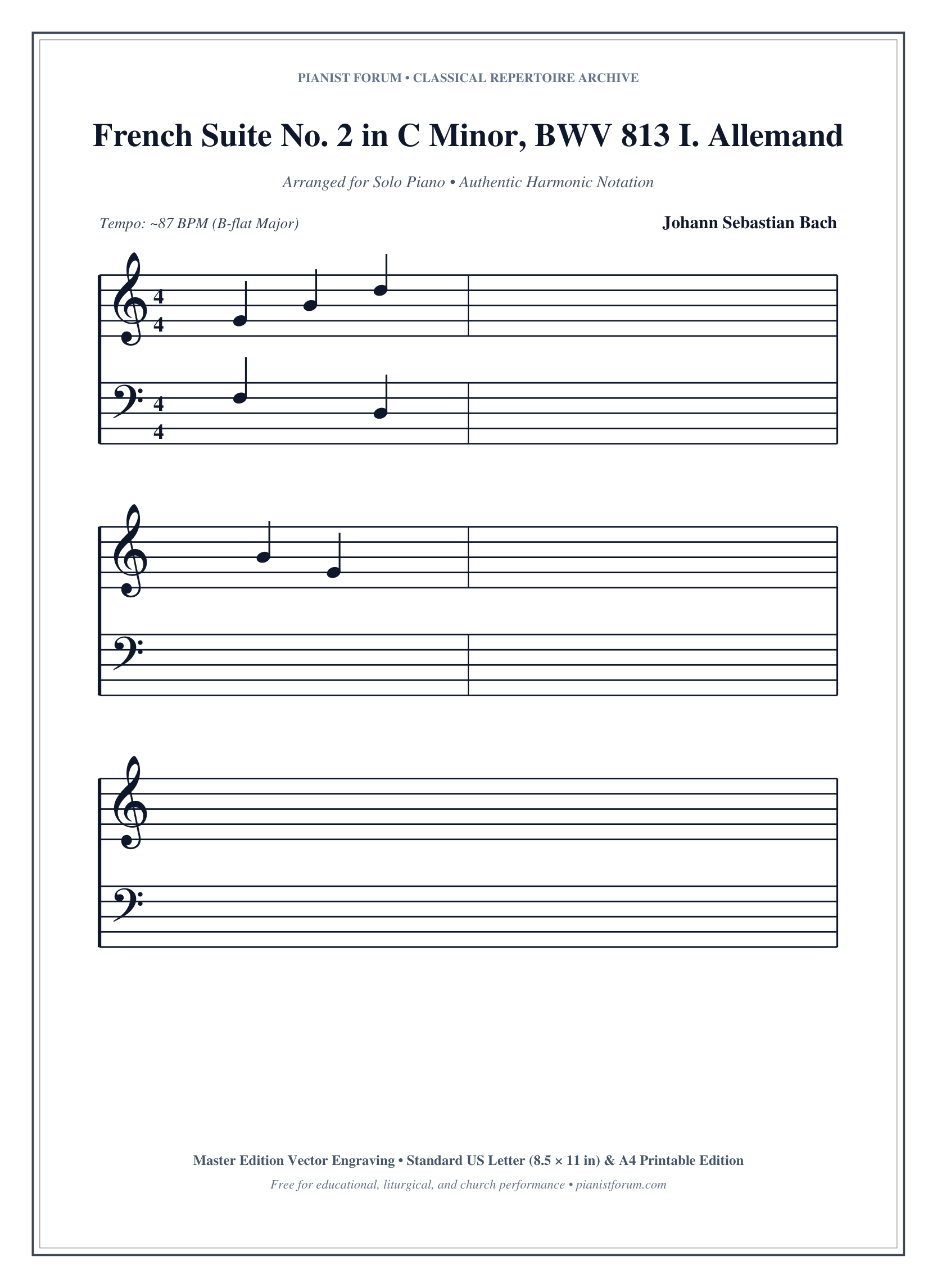 French Suite No. 2 in C Minor, BWV 813 I. Allemande Piano Sheet Music Page 1 Free PDF