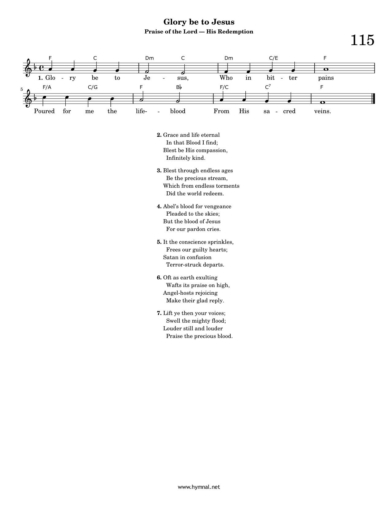 Glory be to Jesus (Hymn 115) Piano Sheet Music Page 1 Free PDF