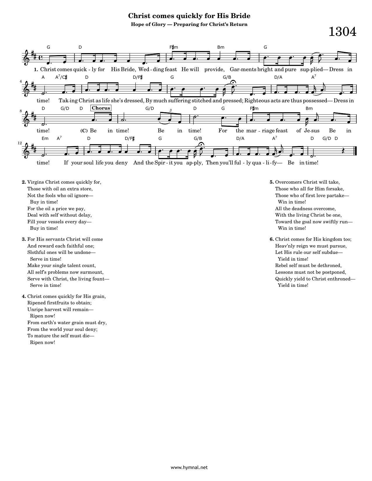 Christ comes quickly for His Bride (Hymn 1304) Piano Sheet Music Page 1 Free PDF