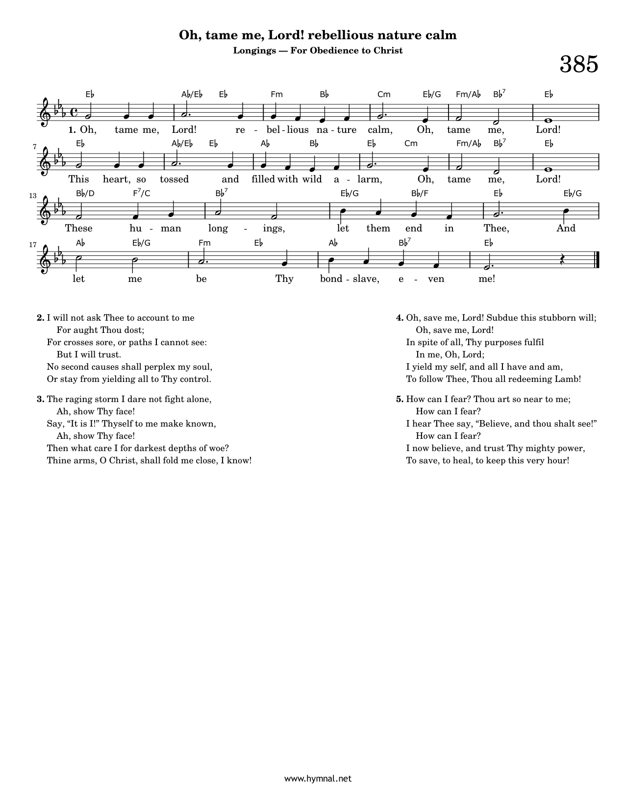 Oh, tame me, Lord! rebellious nature calm (Hymn 385) Piano Sheet Music Page 1 Free PDF