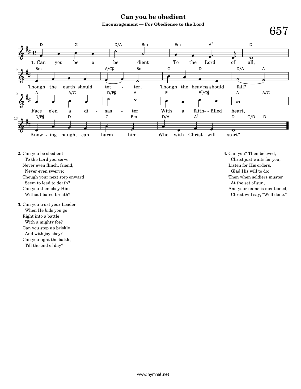 Can you be obedient (Hymn 657) Piano Sheet Music Page 1 Free PDF