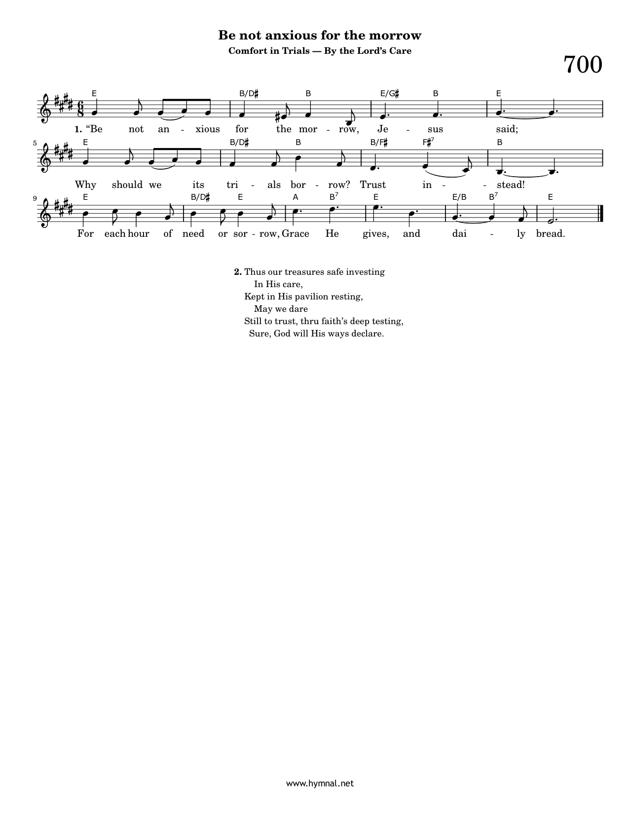 Be not anxious for the morrow (Hymn 700) Piano Sheet Music Page 1 Free PDF