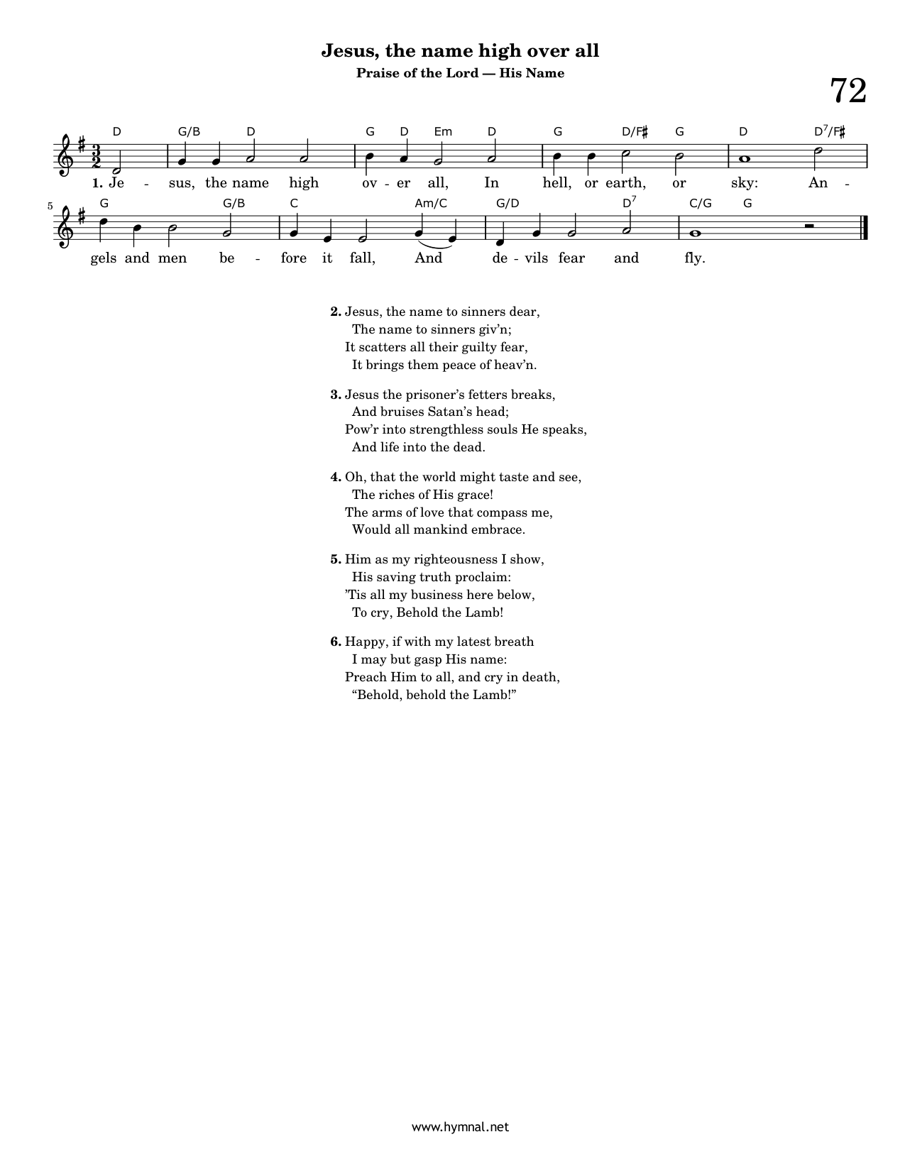 Jesus, the name high over all (Hymn 72) Piano Sheet Music Page 1 Free PDF