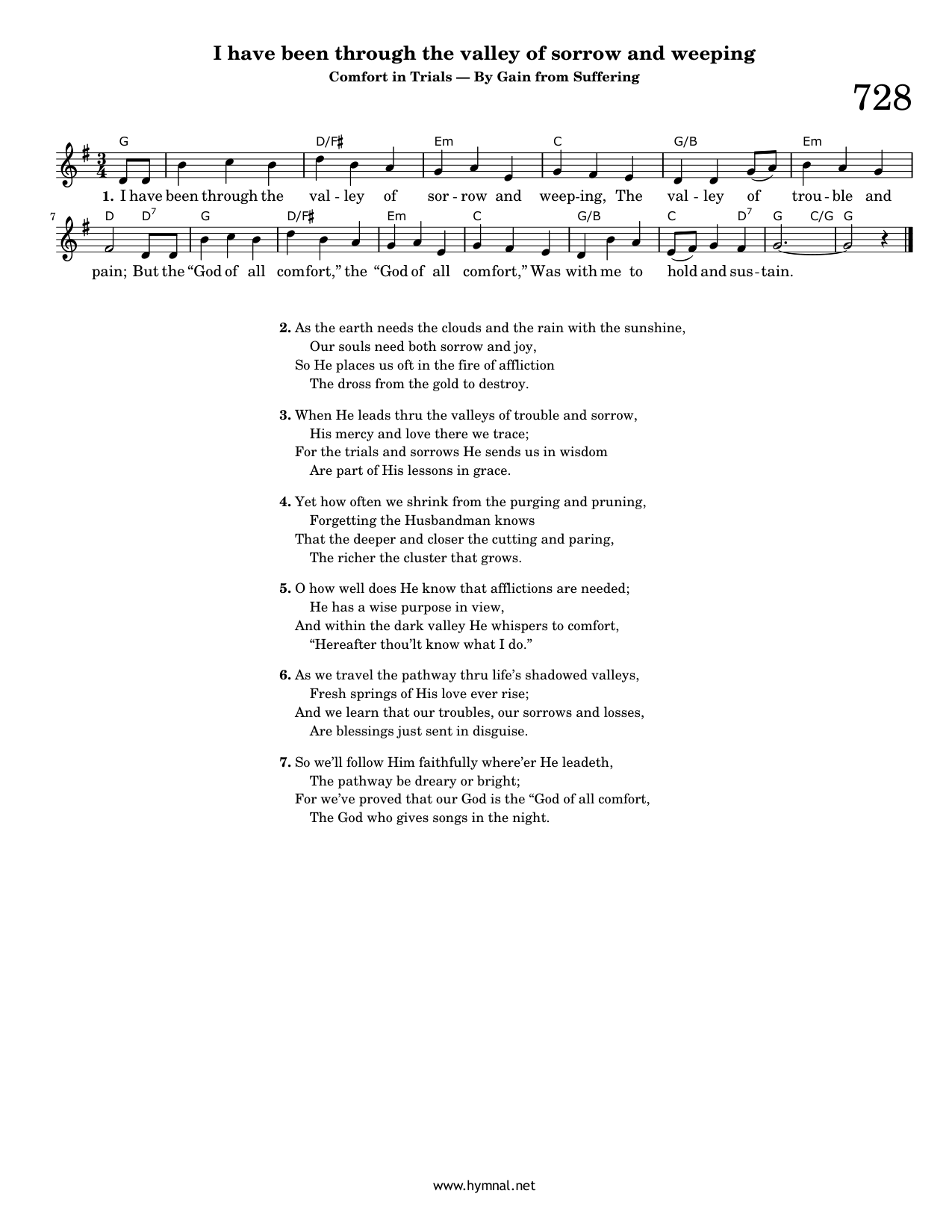 I have been through the valley of sorrow and weeping (Hymn 728) Piano Sheet Music Page 1 Free PDF