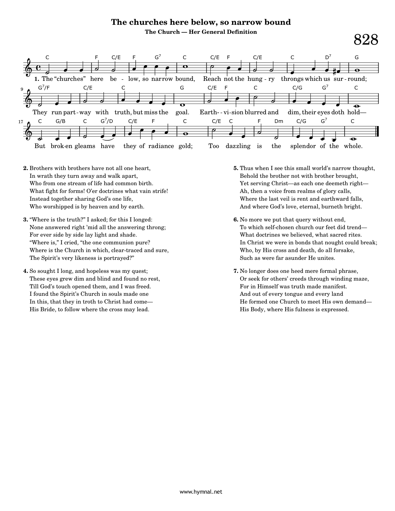 The churches here below, so narrow bound (Hymn 828) Piano Sheet Music Page 1 Free PDF
