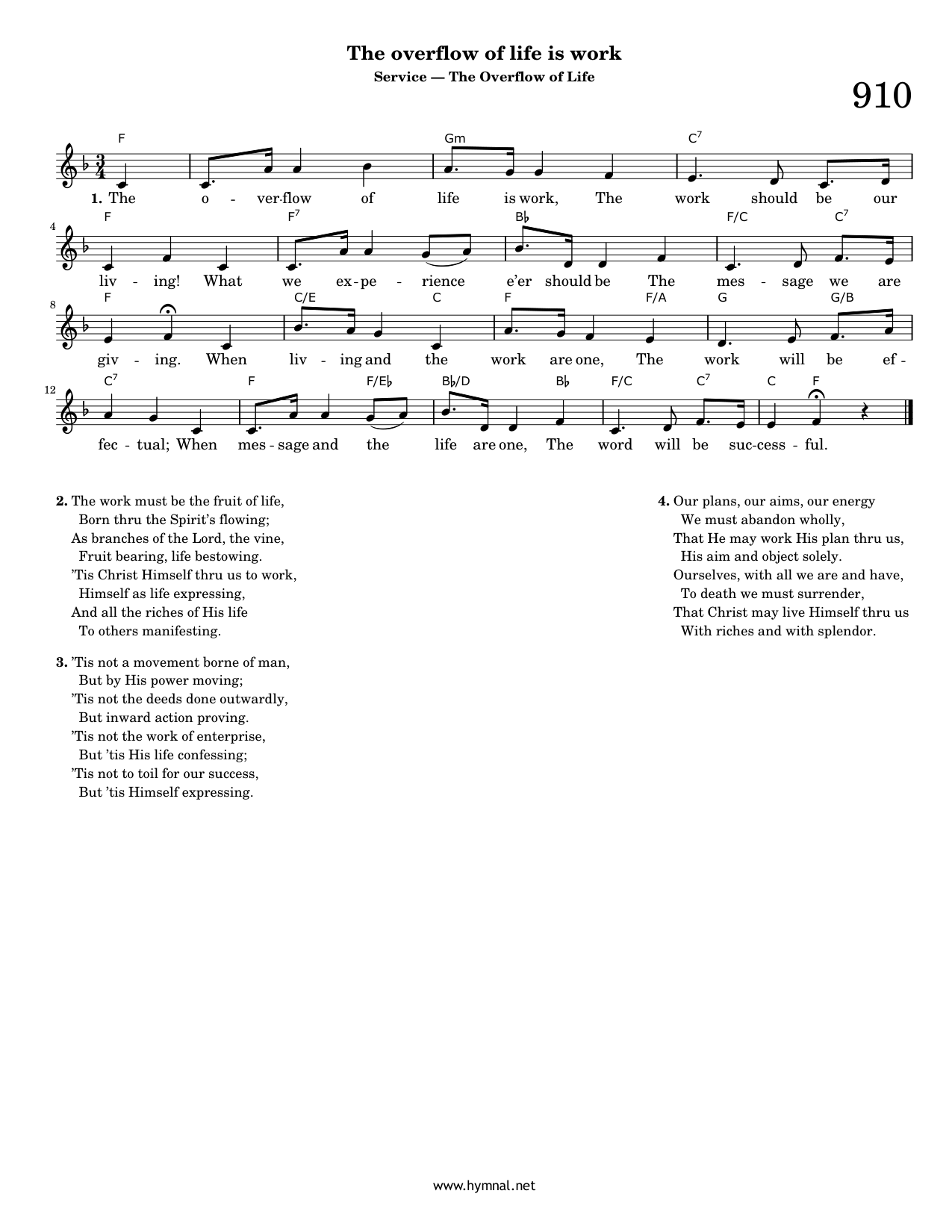 The overflow of life is work (Hymn 910) Piano Sheet Music Page 1 Free PDF