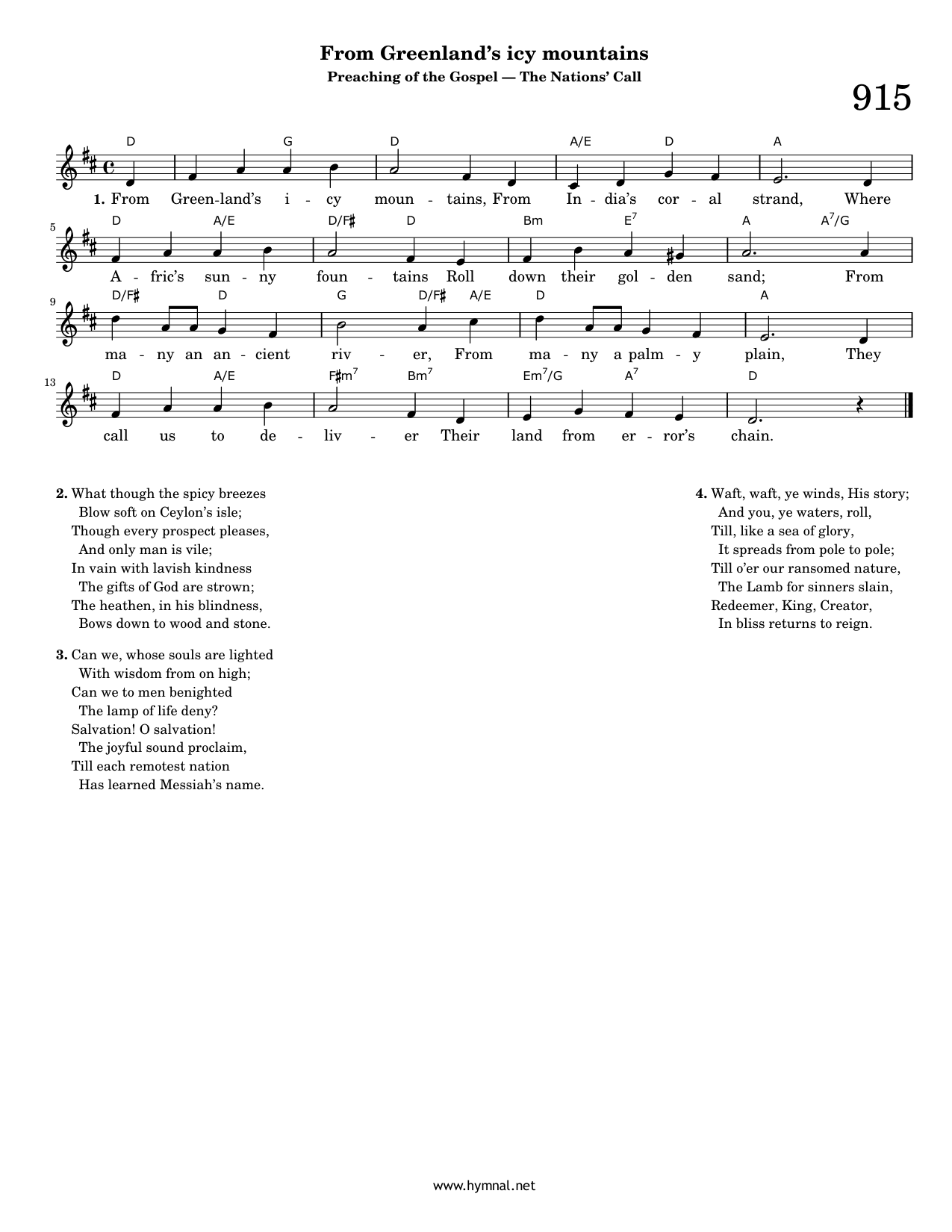 From Greenland's icy mountains (Hymn 915) Piano Sheet Music Page 1 Free PDF