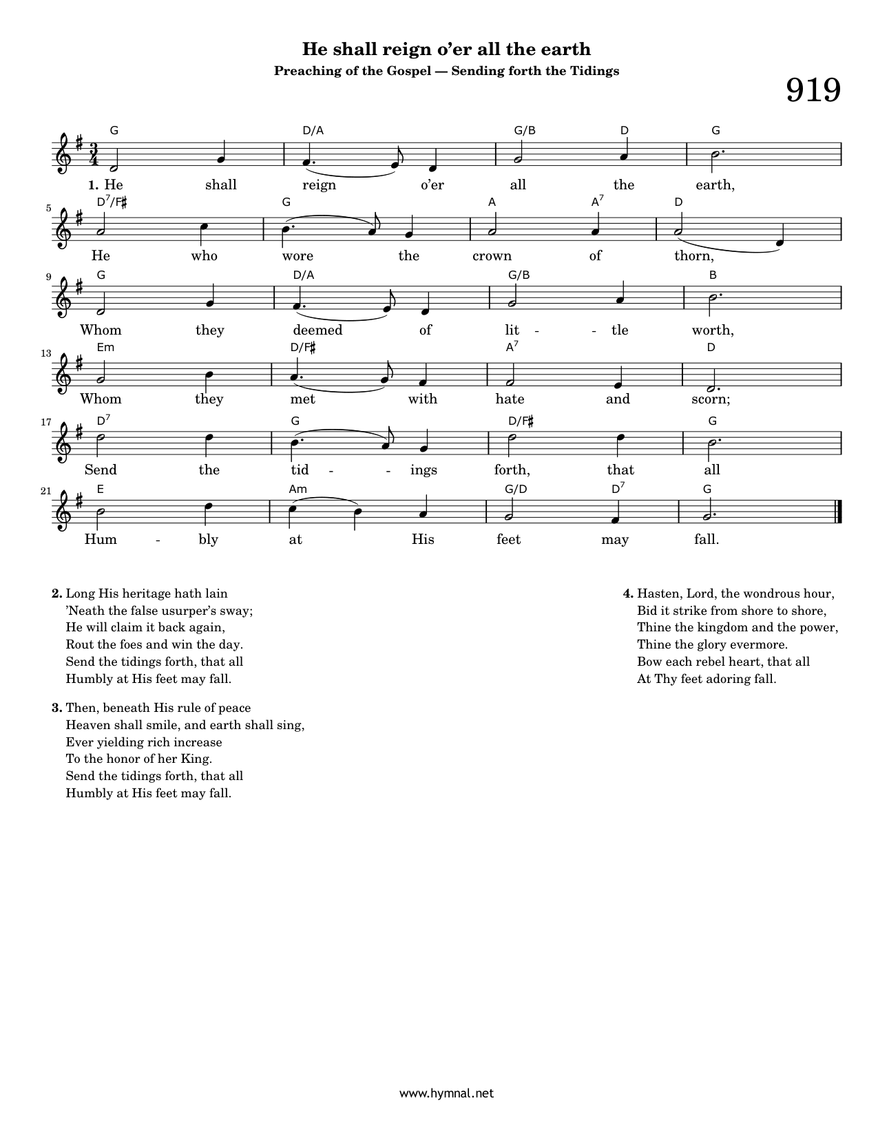 He shall reign o'er all the earth (Hymn 919) Piano Sheet Music Page 1 Free PDF