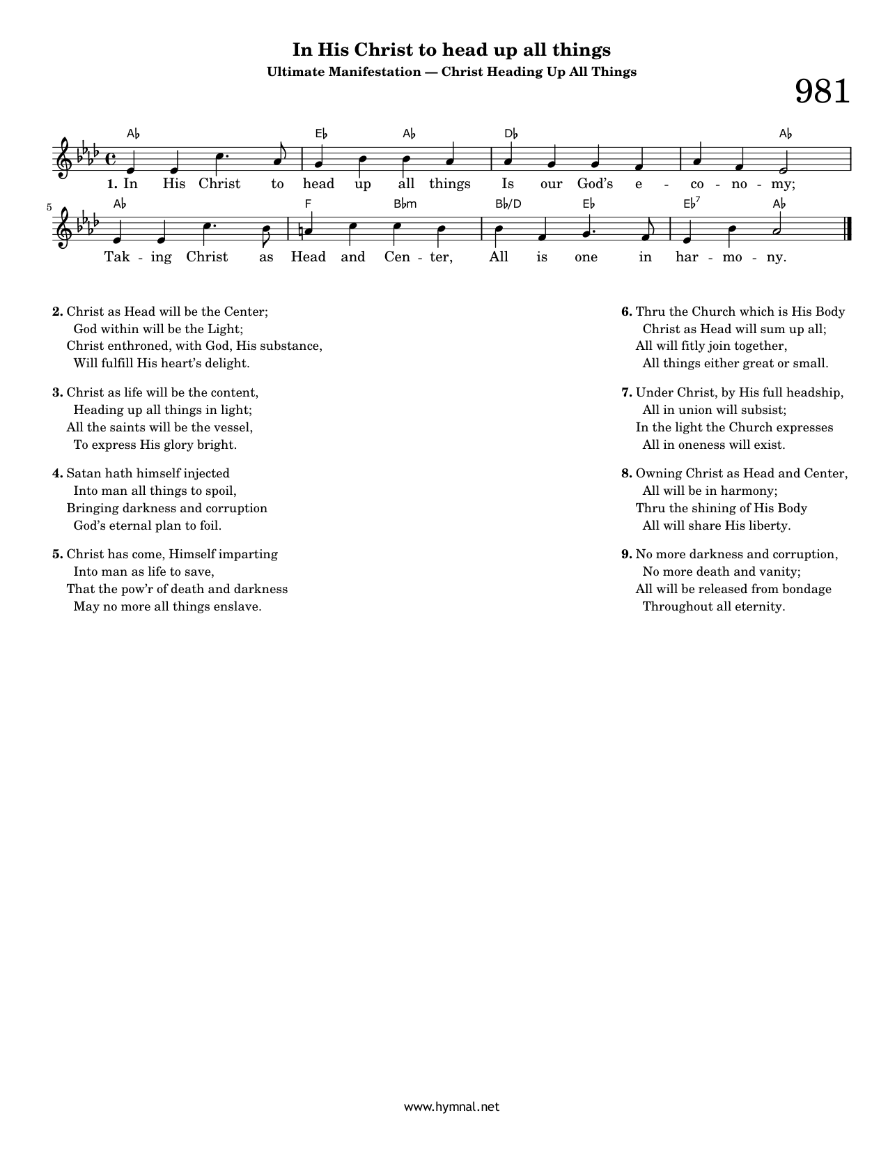In His Christ to head up all things (Hymn 981) Piano Sheet Music Page 1 Free PDF