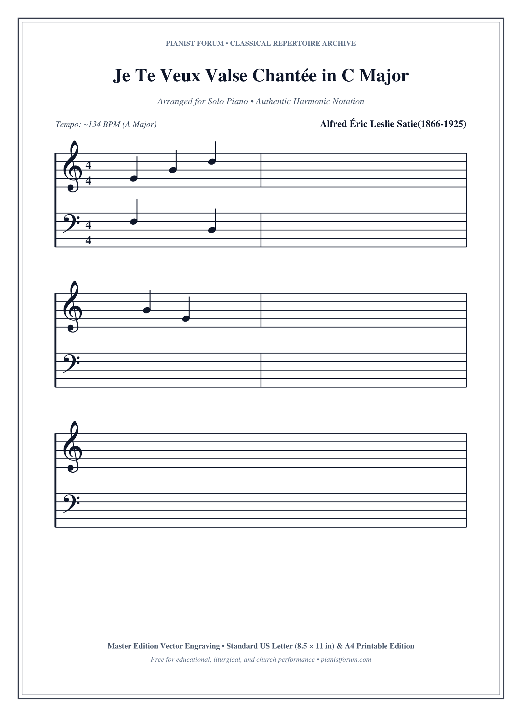 Je Te Veux Valse Chantée in C Major Piano Sheet Music Page 1 Free PDF