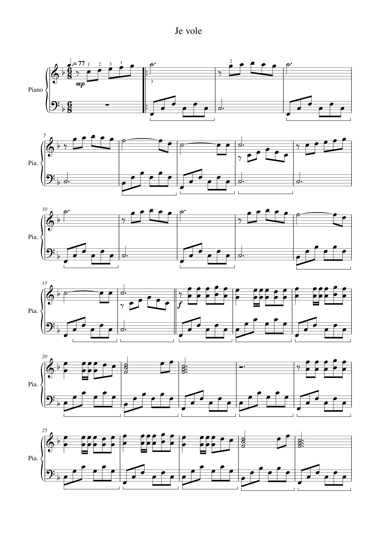 Je vole Piano Sheet Music Page 1 Free PDF