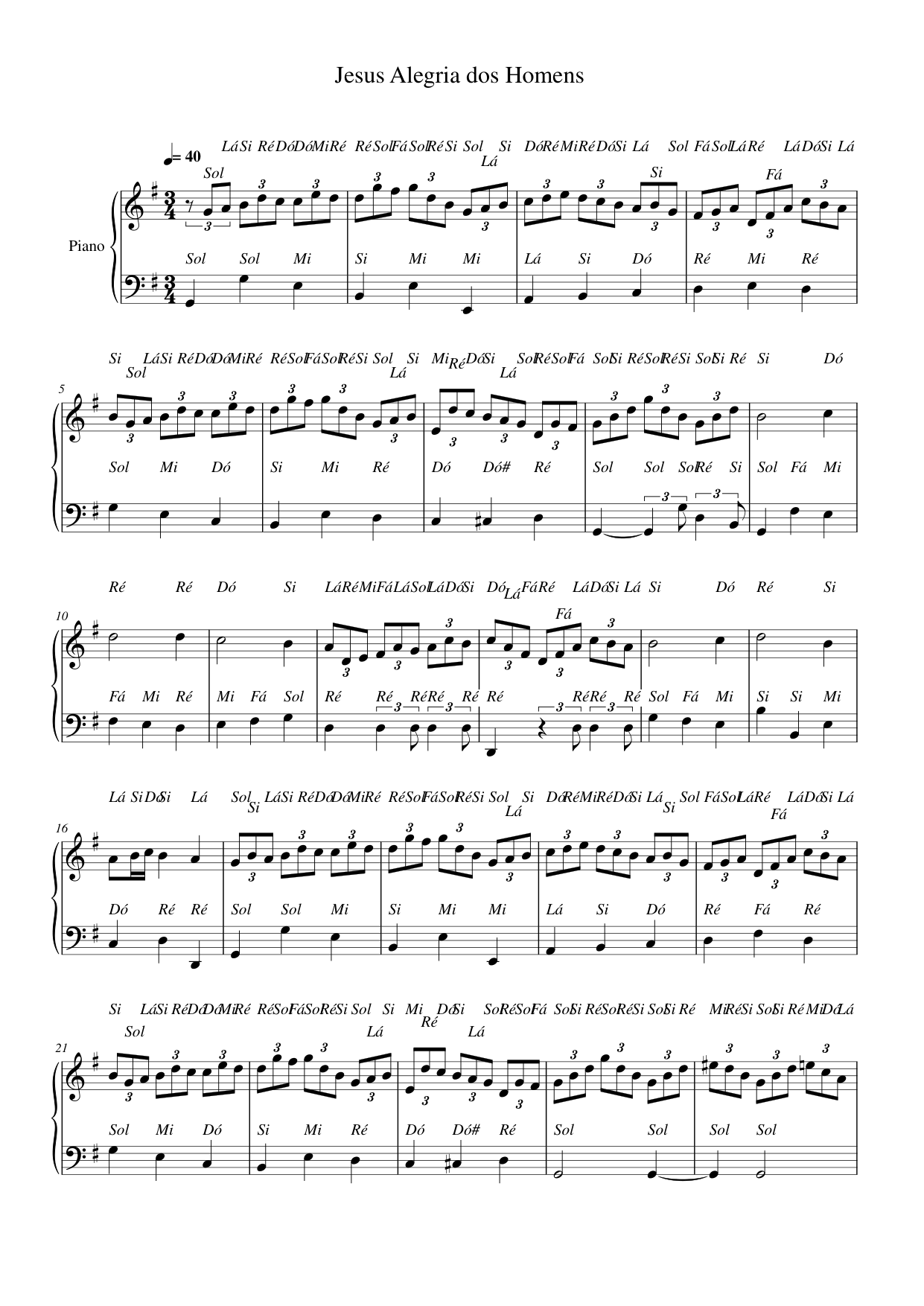 Jesus Alegria dos Homens Piano Sheet Music Free PDF