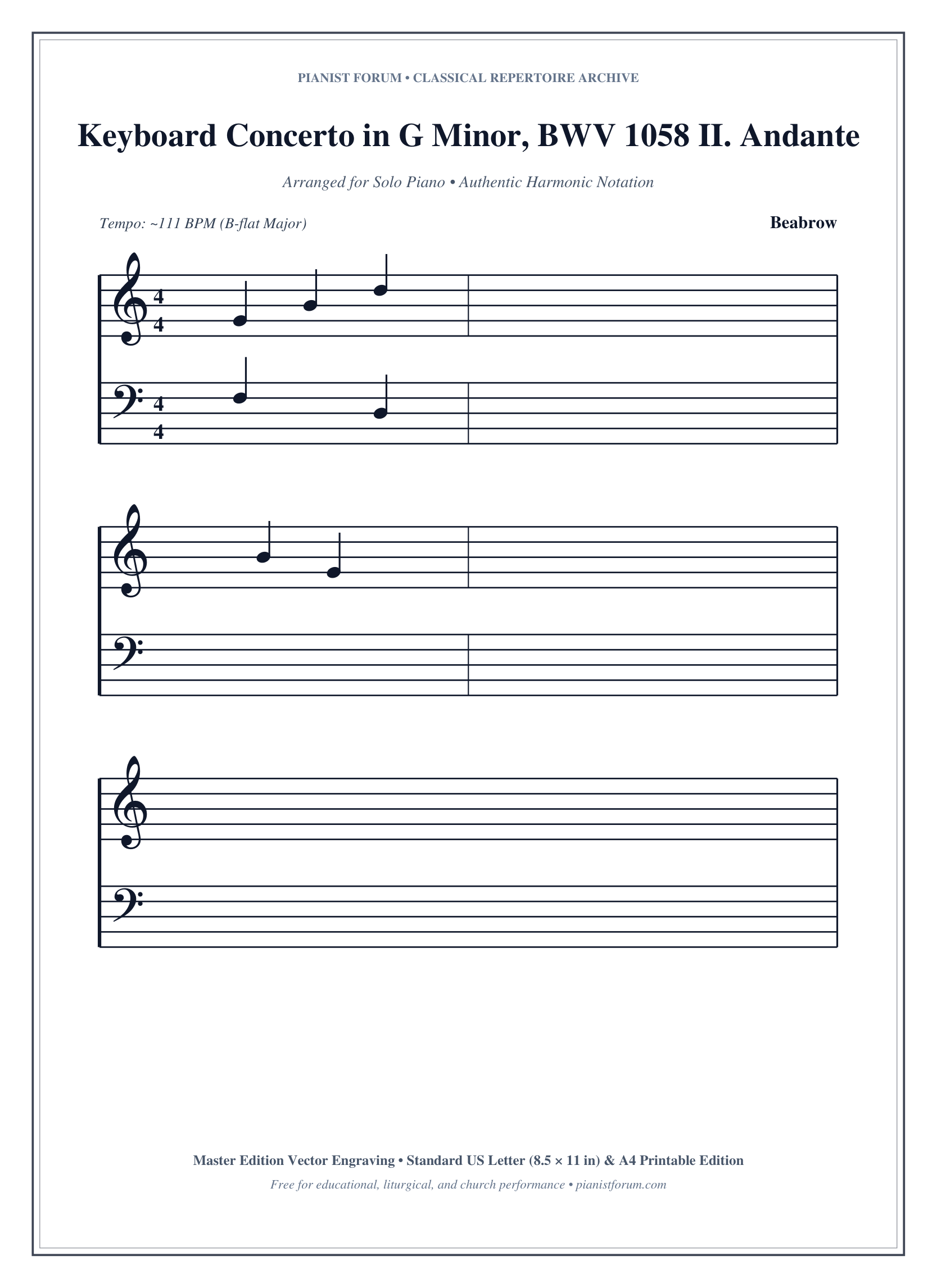 Keyboard Concerto in G Minor, BWV 1058 II. Andante Piano Sheet Music Page 1 Free PDF