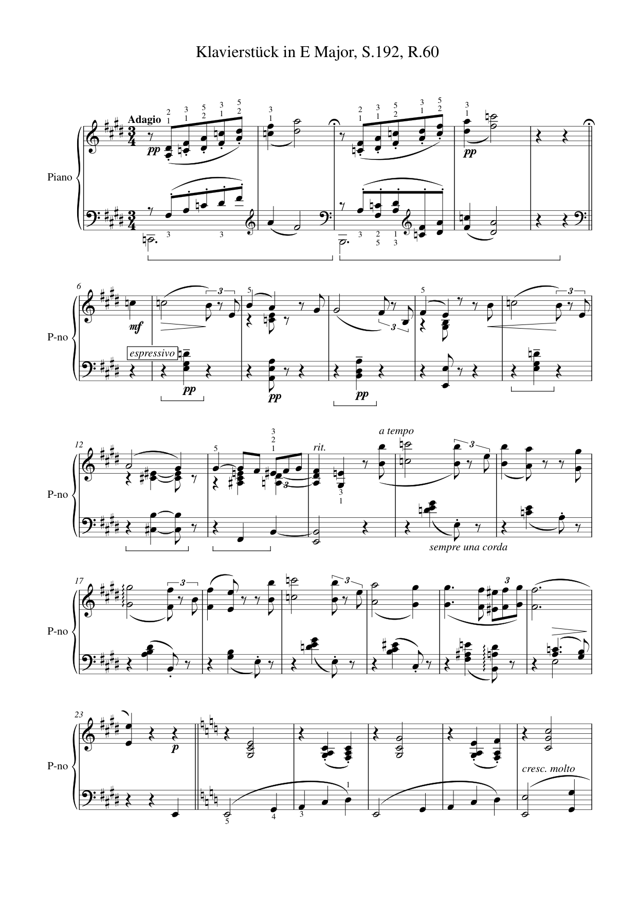 Klavierstück in E Major, S.192, R.60 Piano Sheet Music Page 1 Free PDF