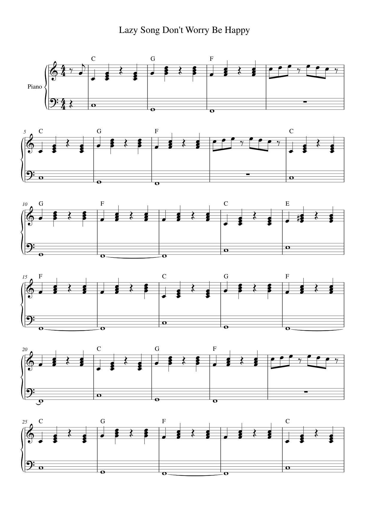 Lazy Song Don't Worry Be Happy Piano Sheet Music Page 1 Free PDF