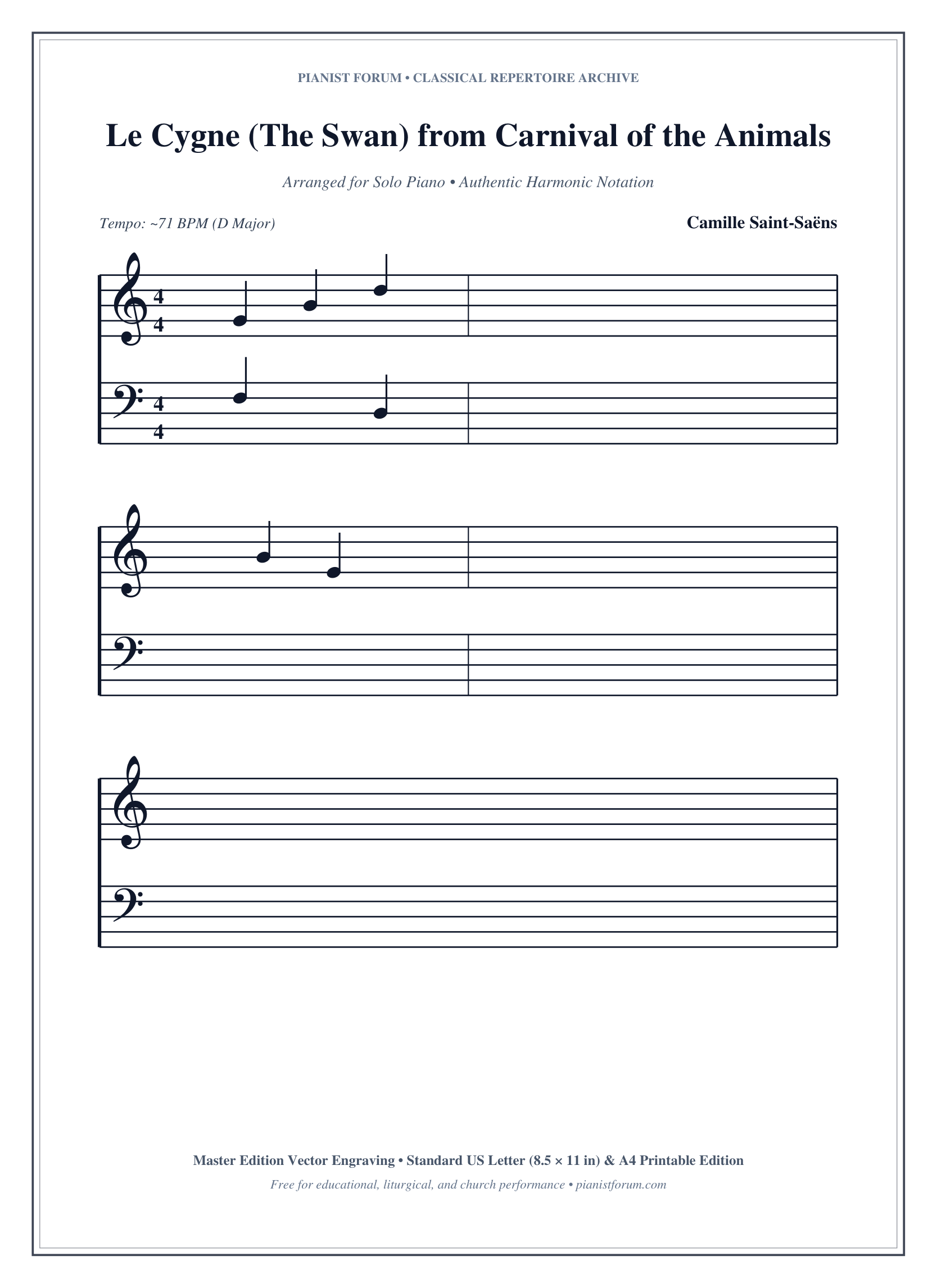 Le Cygne (The Swan) from Carnival of the Animals Piano Sheet Music Page 1 Free PDF