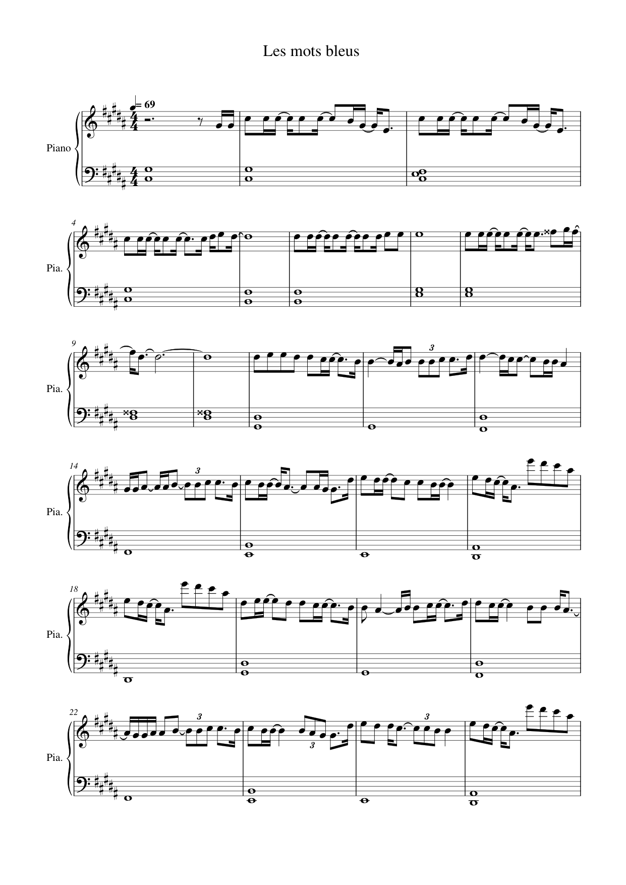 Les mots bleus Piano Sheet Music Page 1 Free PDF