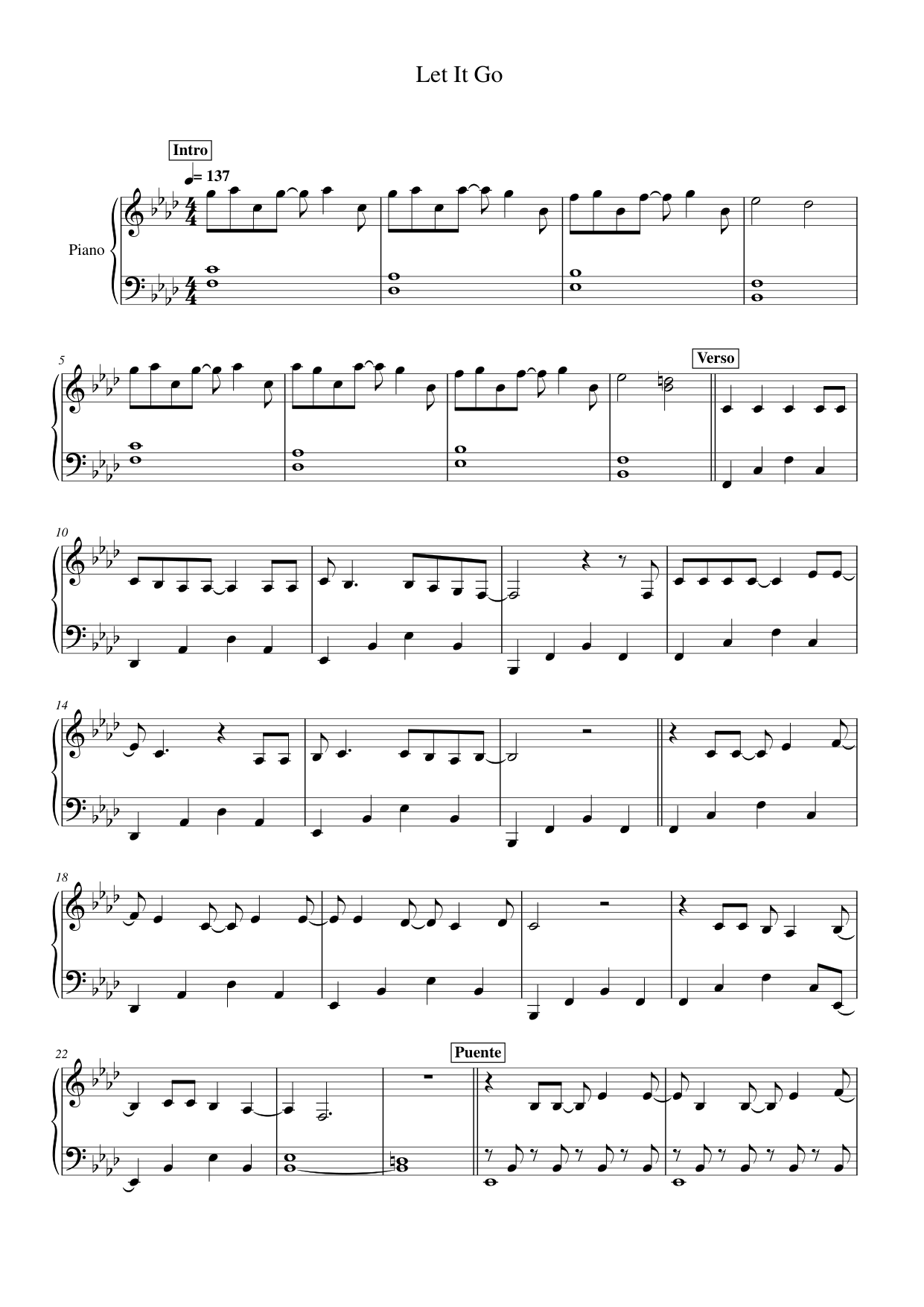Let It Go Piano Sheet Music Page 1 Free PDF