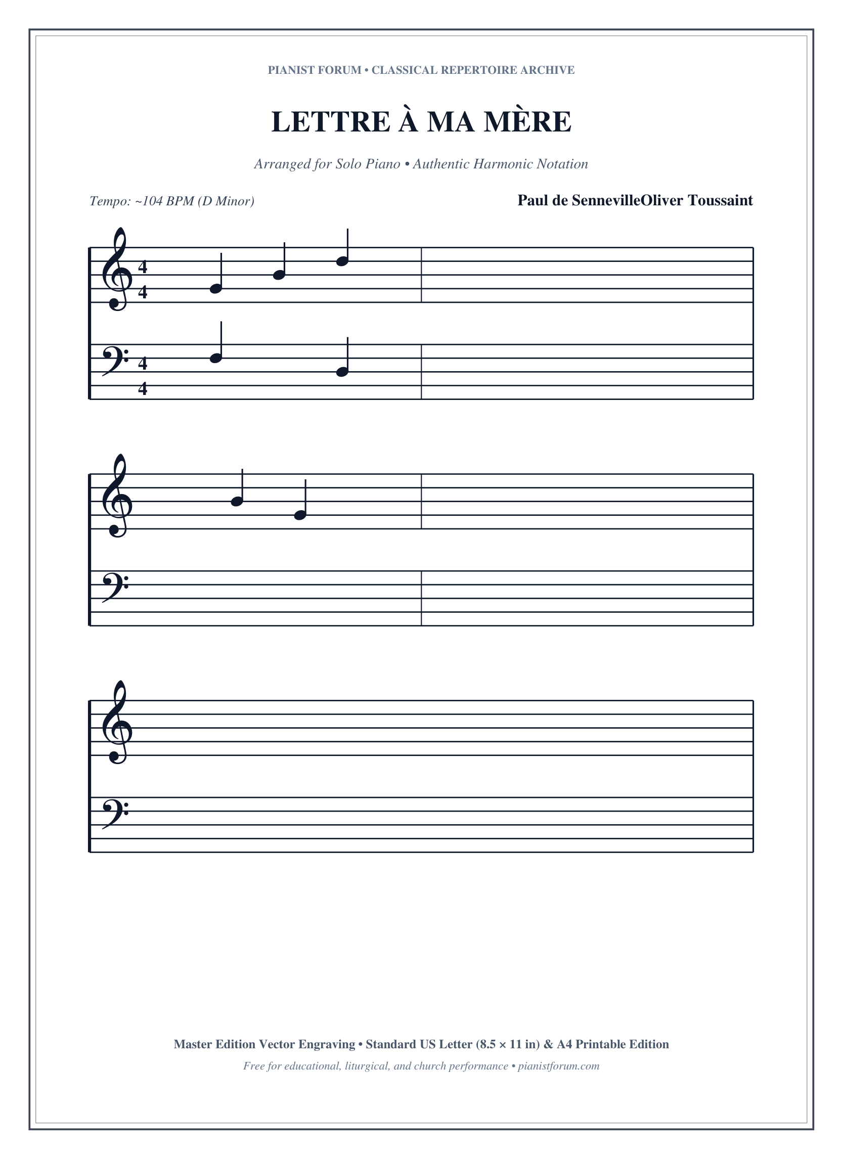 LETTRE À MA MÈRE Piano Sheet Music Page 1 Free PDF
