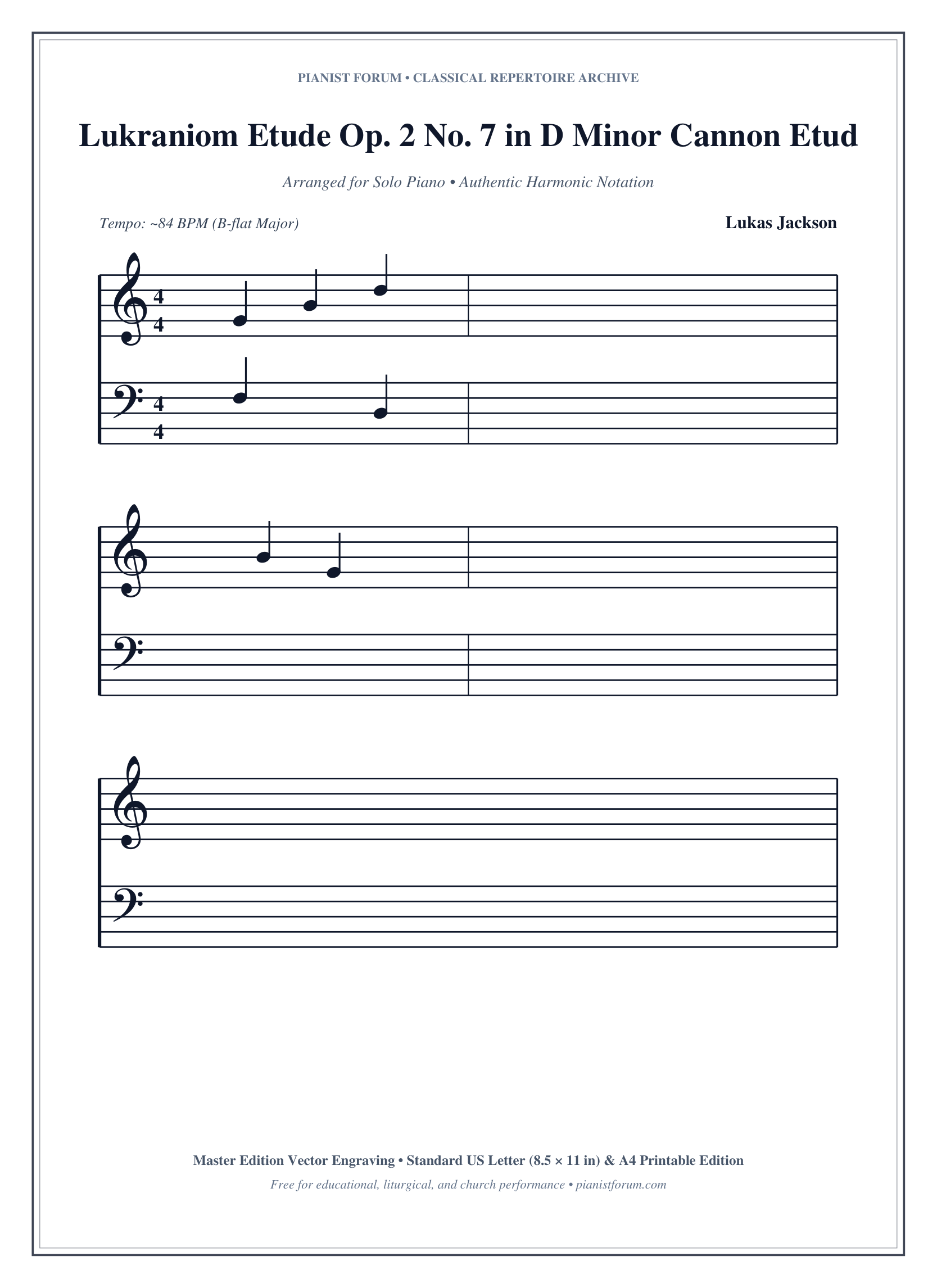 Lukraniom Etude Op. 2 No. 7 in D Minor Cannon Etude Piano Sheet Music Page 1 Free PDF