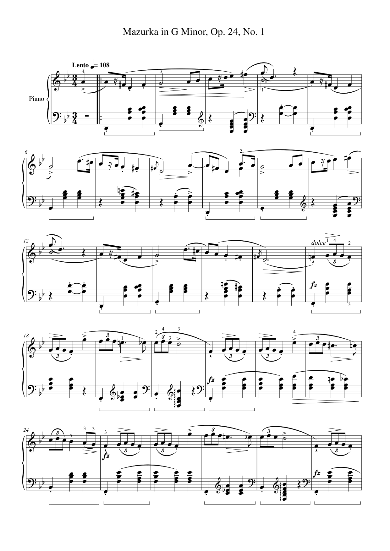 Mazurka in G Minor, Op. 24, No. 1 Piano Sheet Music Free PDF