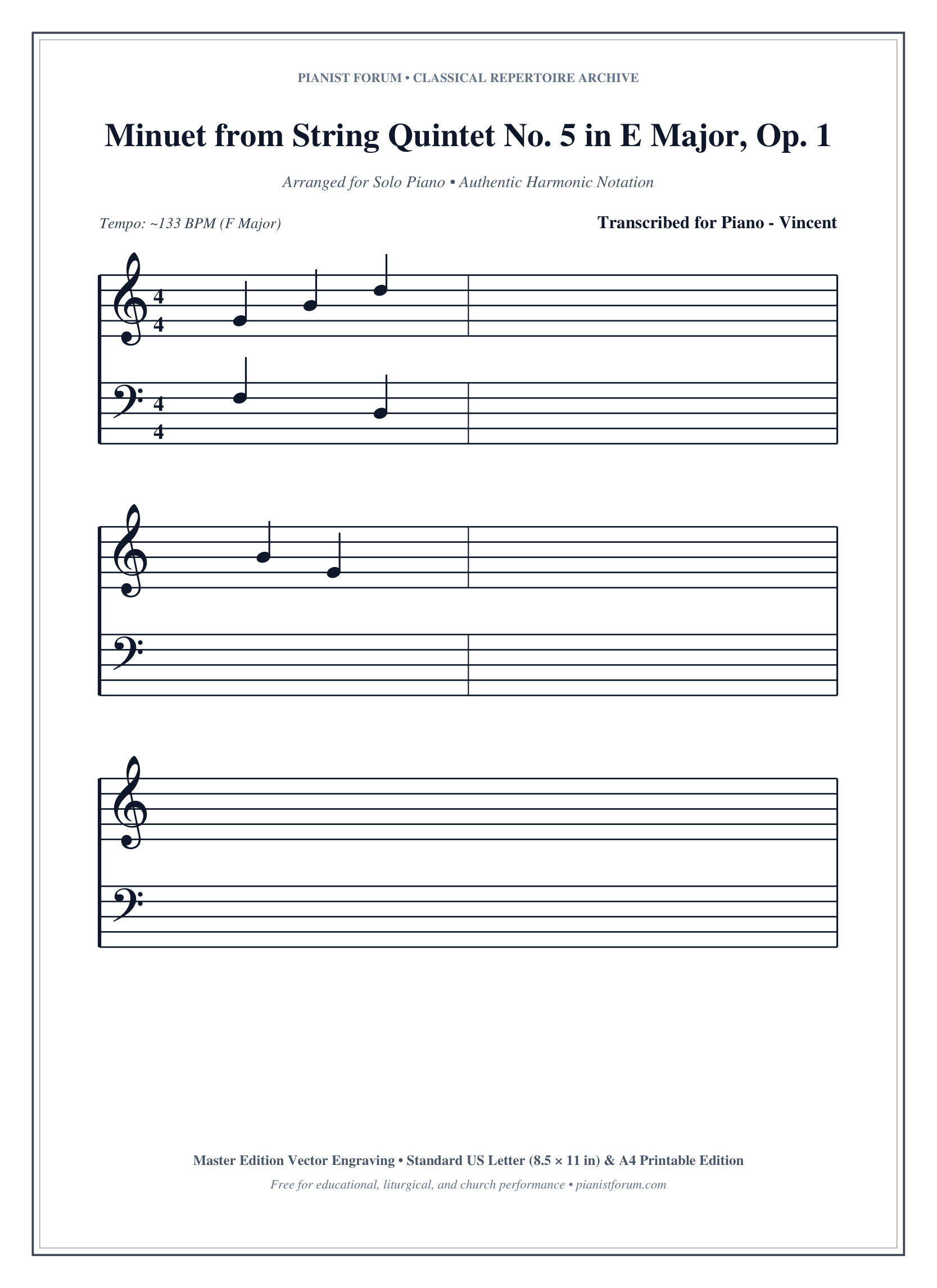 Minuet from String Quintet No. 5 in E Major, Op. 11 Piano Sheet Music Page 1 Free PDF