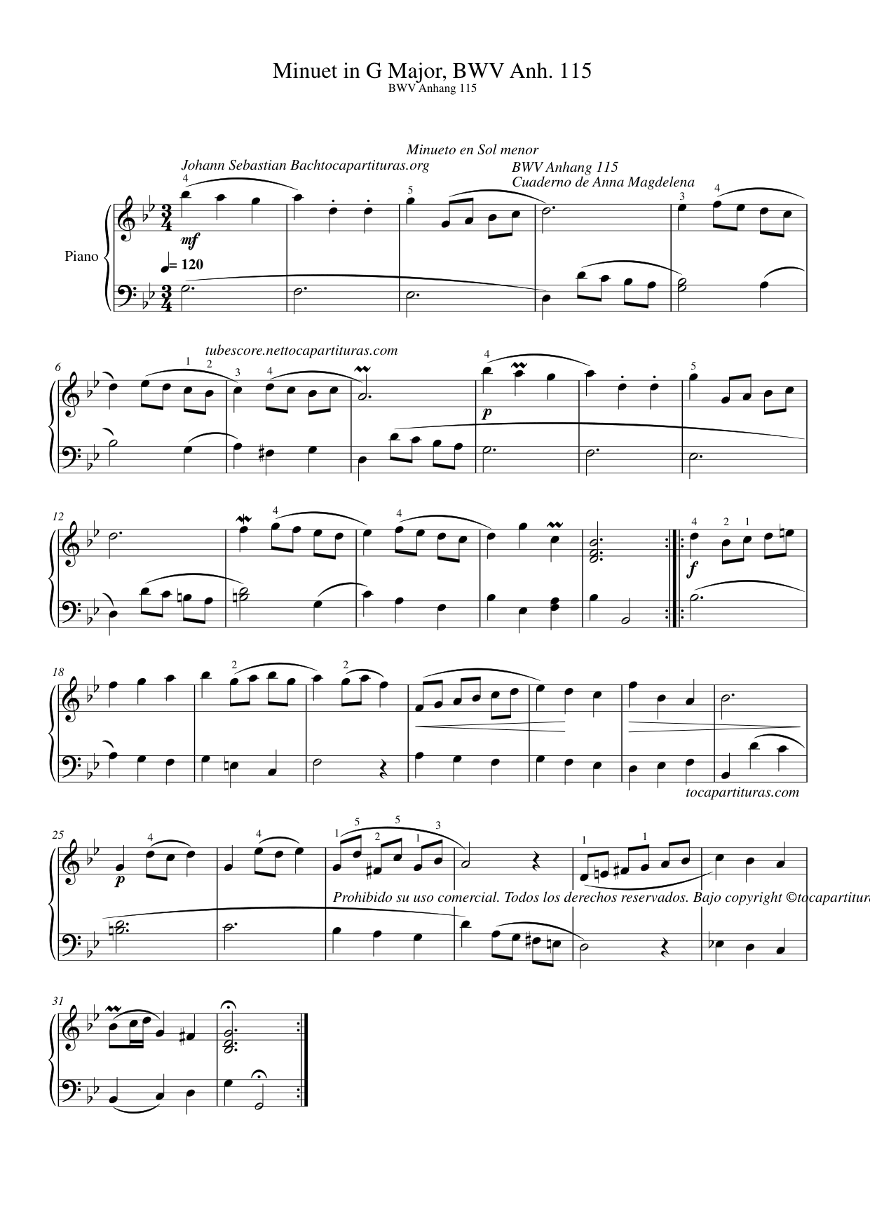 Minuet in G Major, BWV Anh. 115 Piano Sheet Music Page 1 Free PDF