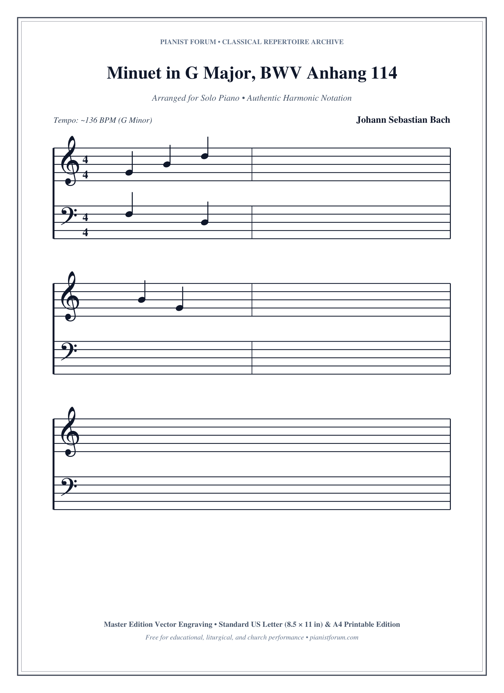 Minuet in G Major, BWV Anhang 114 Piano Sheet Music Page 1 Free PDF