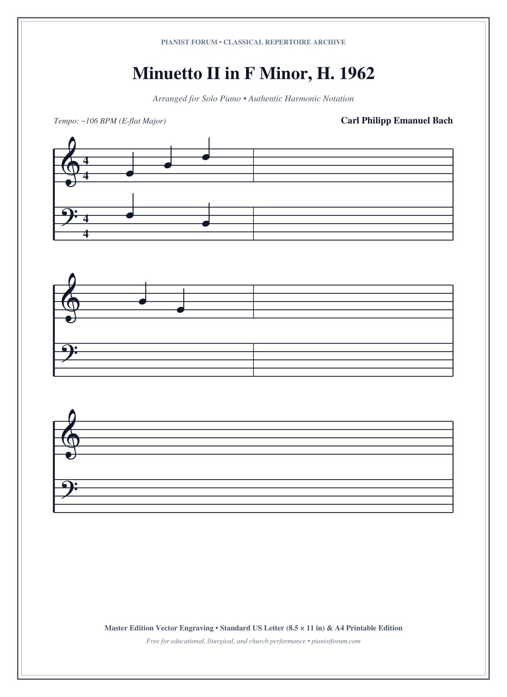 Minuetto II in F Minor, H. 1962 Piano Sheet Music Page 1 Free PDF