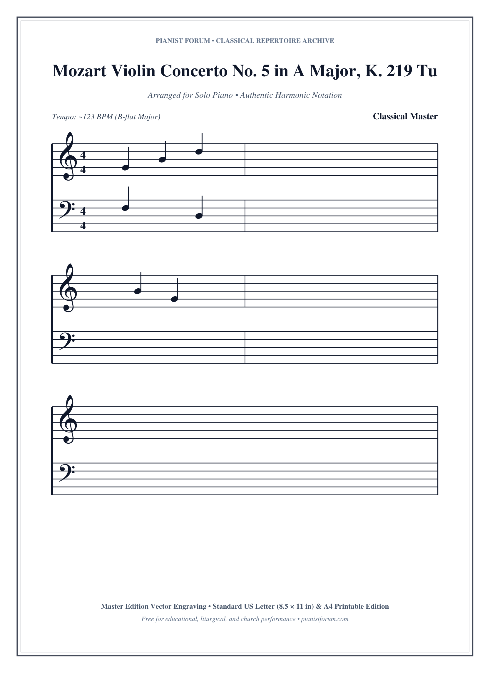 Mozart Violin Concerto No. 5 in A Major, K. 219 Turkish Joachim's Cadenza Piano Sheet Music Page 1 Free PDF