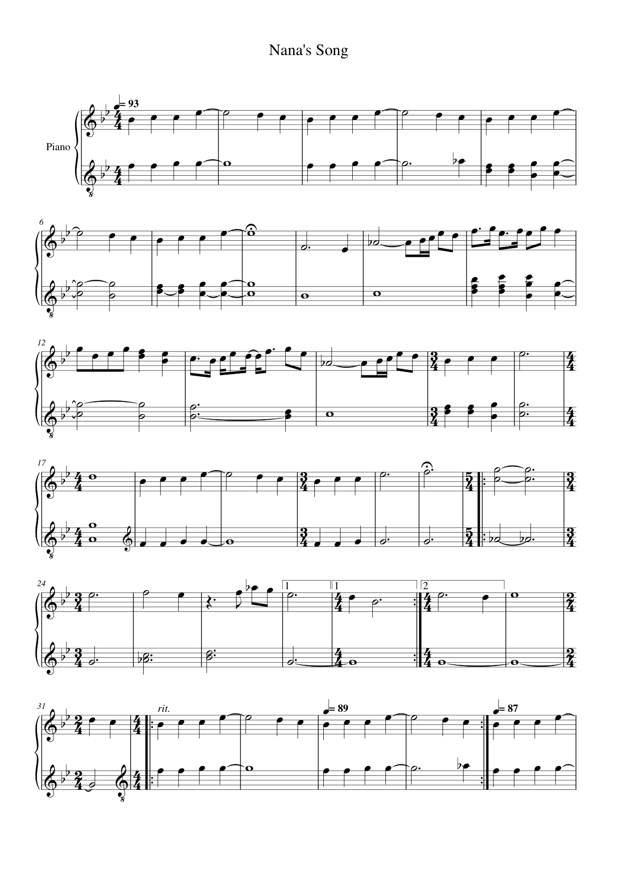 Nana's Song Piano Sheet Music Page 1 Free PDF