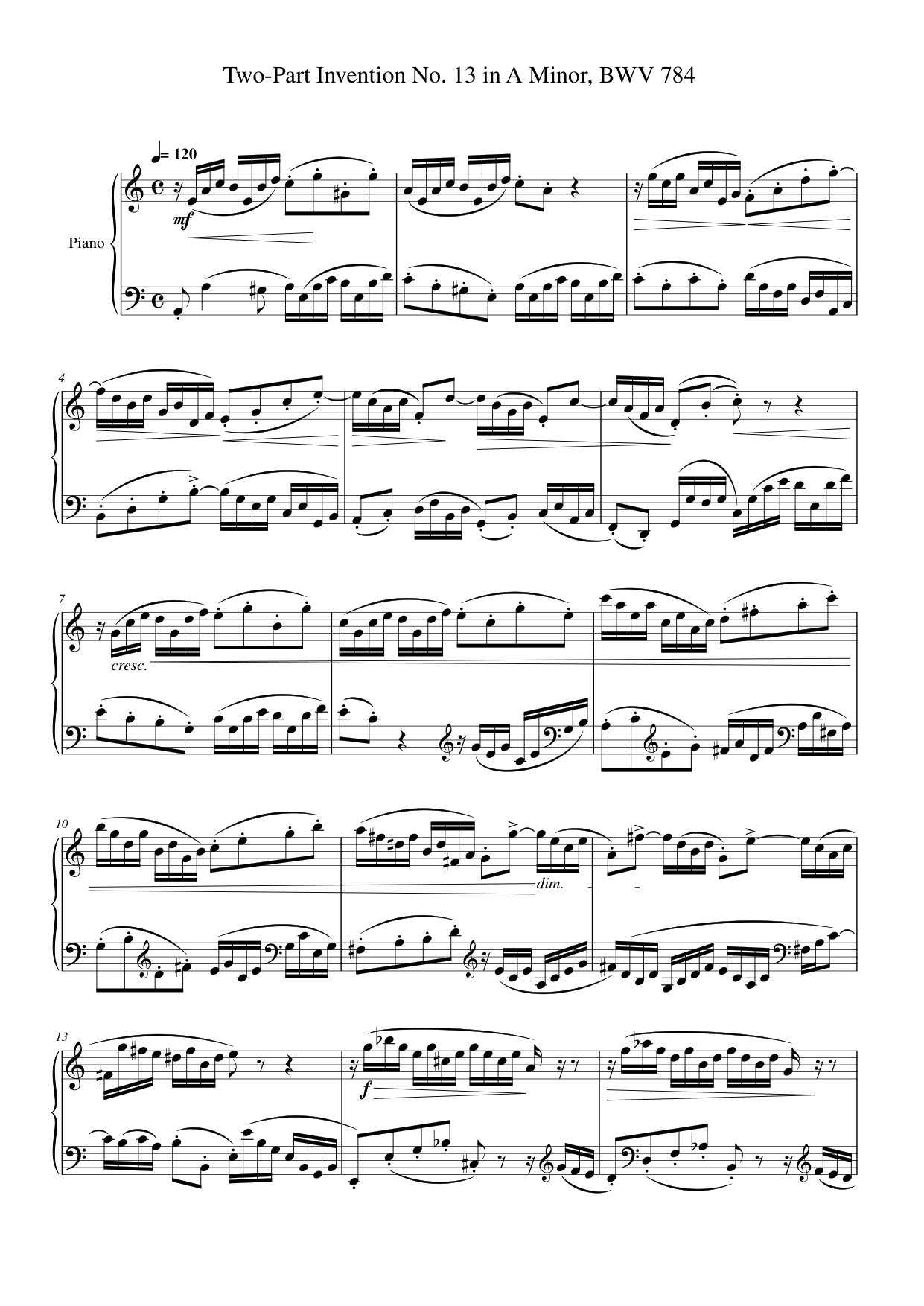 Part Invention No. 13 in A Minor, BWV 784 Piano Sheet Music Page 1 Free PDF