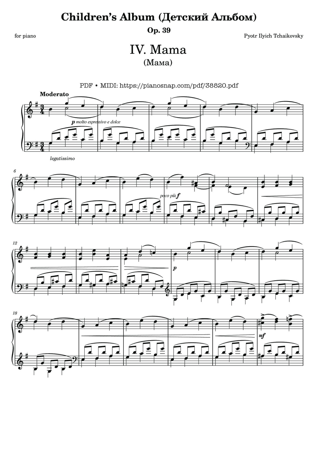 Mama, Children's Album, Tchaikovsky Op. 39 Piano Sheet Music Page 1 Free PDF