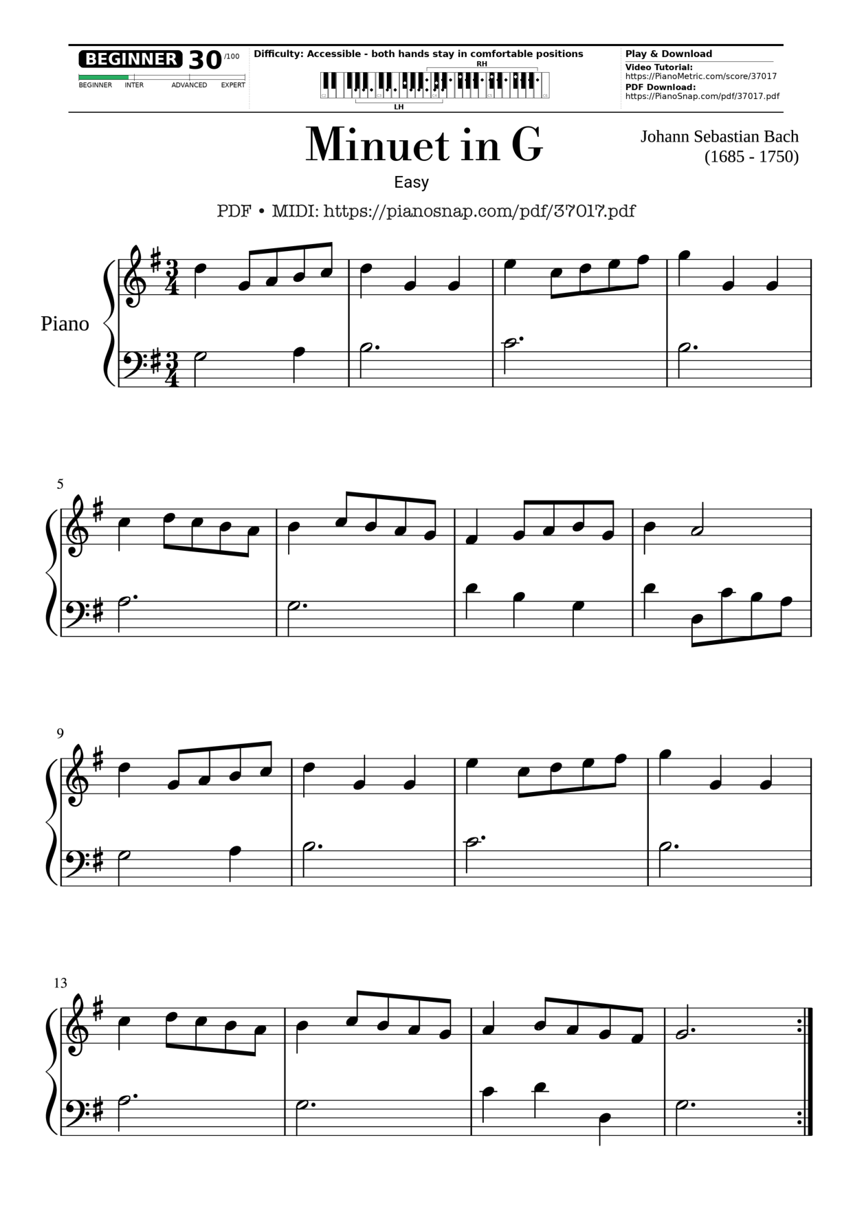 Minuet in G - Easy Ending Piano Sheet Music Page 1 Free PDF