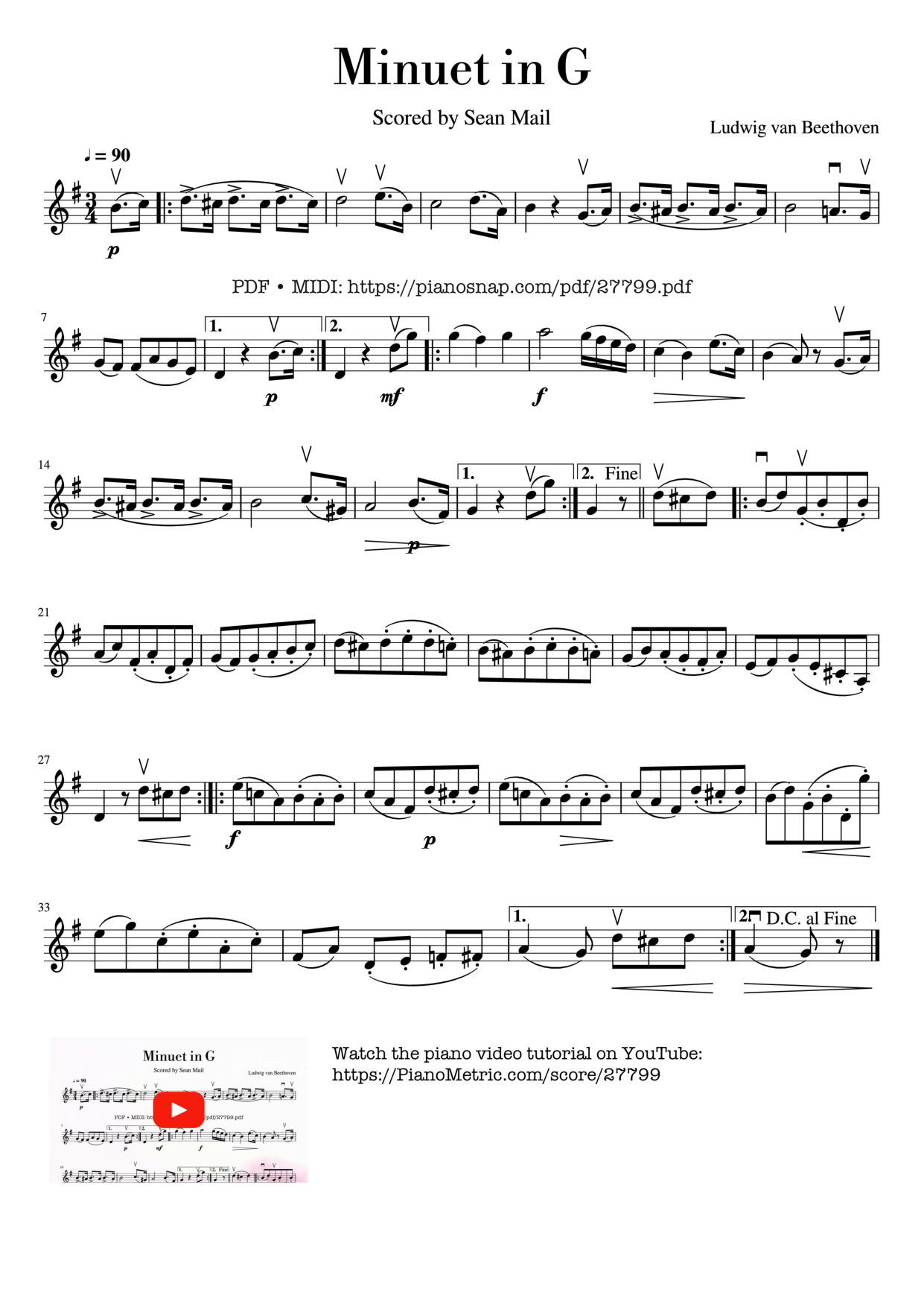 Minuet in G Violin Piano Sheet Music Page 1 Free PDF