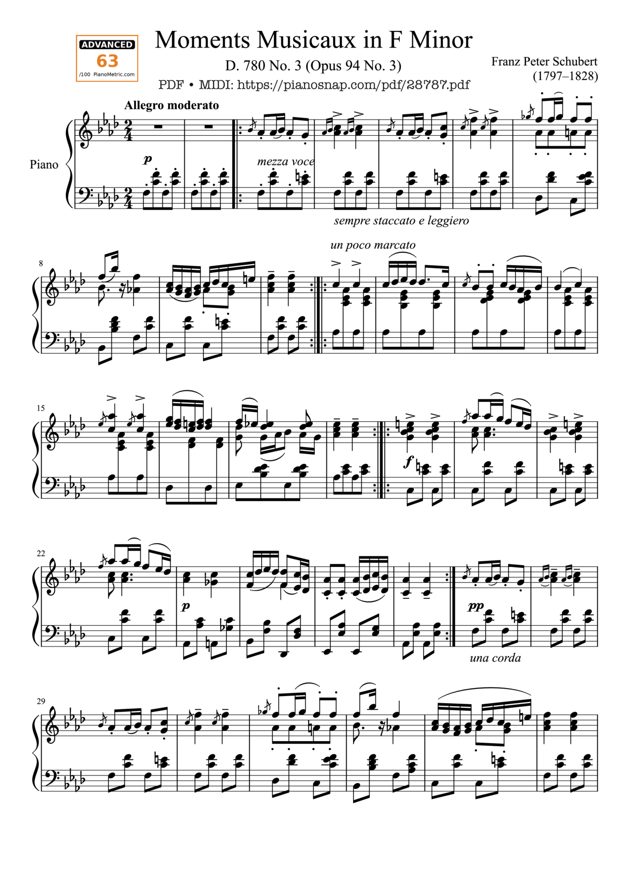 Moments Musicaux D. 780 No. 3 in F Minor Piano Sheet Music Page 1 Free PDF