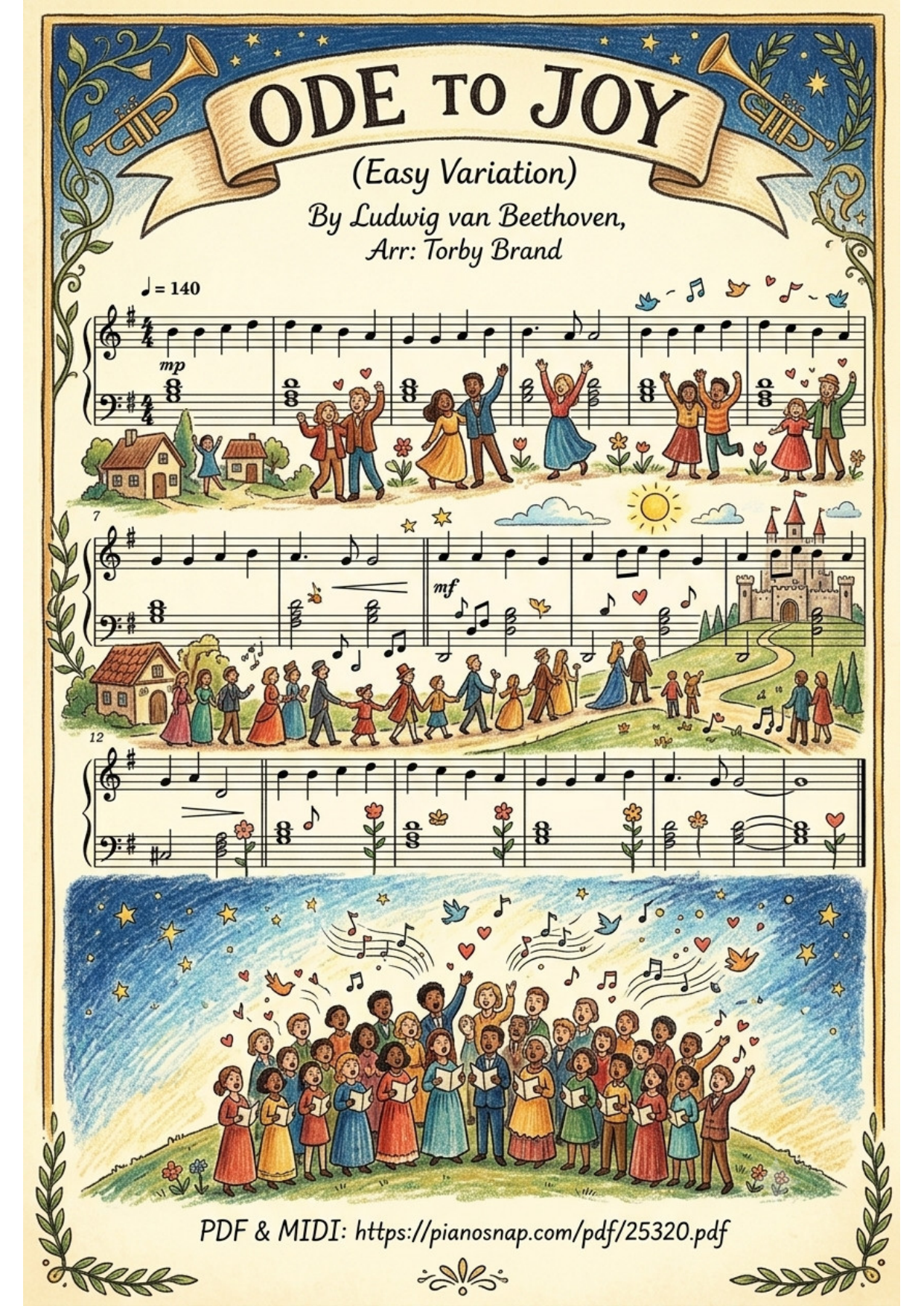 Ode to Joy Piano Easy (Illustrated Score Art) Piano Sheet Music Page 1 Free PDF